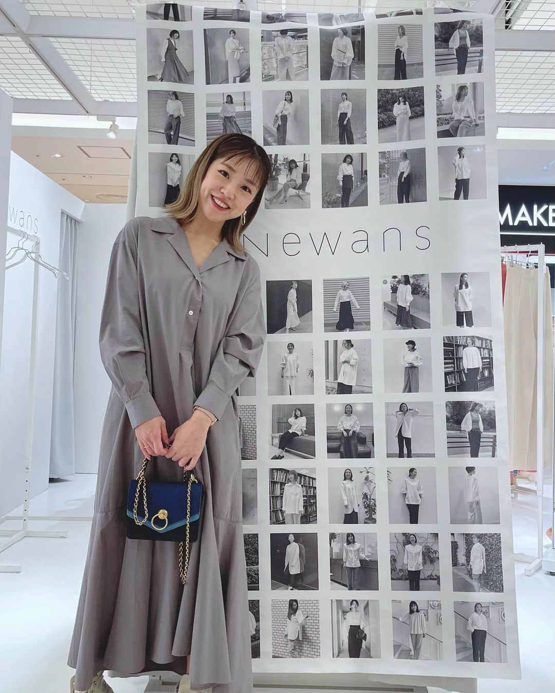 本橋優華のインスタグラム：「#Newans のPOPUPへ☺︎  "多様な働き方をする女性たちと共に創る"コンセプトがお気に入りなブランド。 シンプルながらもデザインやカラーが絶妙で1枚目と2枚目のワンピースに一目惚れでした🥺  予約完売アイテムも限定数入荷してました。 4/11(日)まで新宿LUMINE2 2Fにて♪  #Newans #ハッシュニュアンス#オンワード#ワンピース #thisismynewanswer#onward#fashion #ootd#natural#onepiece#shirtstyle#PR」