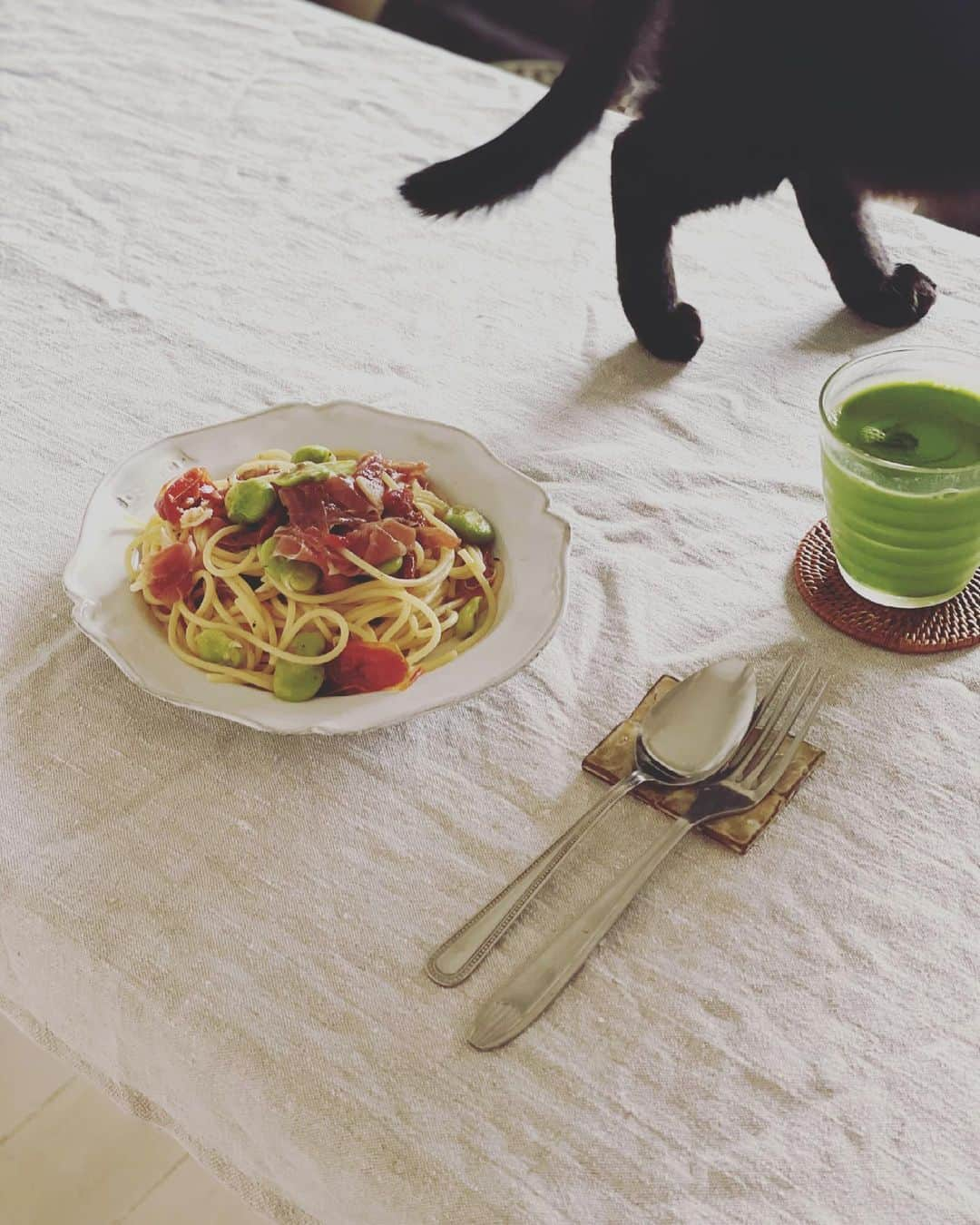 猫沢エミさんのインスタグラム写真 - (猫沢エミInstagram)「冷蔵庫のなかに、あれこれ残っていたイタリア的な食材を一切合切入れたスパゲティー。  空豆とパルミジャーノを和えたもの、パルマハム、ドライトマト…これって、日本の和え麺みたいなものかな。  外は雨。静かな月曜日。  ここしばらく、時が流れる無音の音が怖くて、ずっと音楽を流していた。無音とは、とてもうるさい音楽なのだ。  今日は雨の音を聴いている。  そして、在ることと無いこと、両方の意味を考えている。  #猫沢飯　#ねこしき　#ピガ兄　#イオちゃんフォーエバー #どうやら昨日から雨がキーワードのようだ」4月5日 13時14分 - necozawaemi