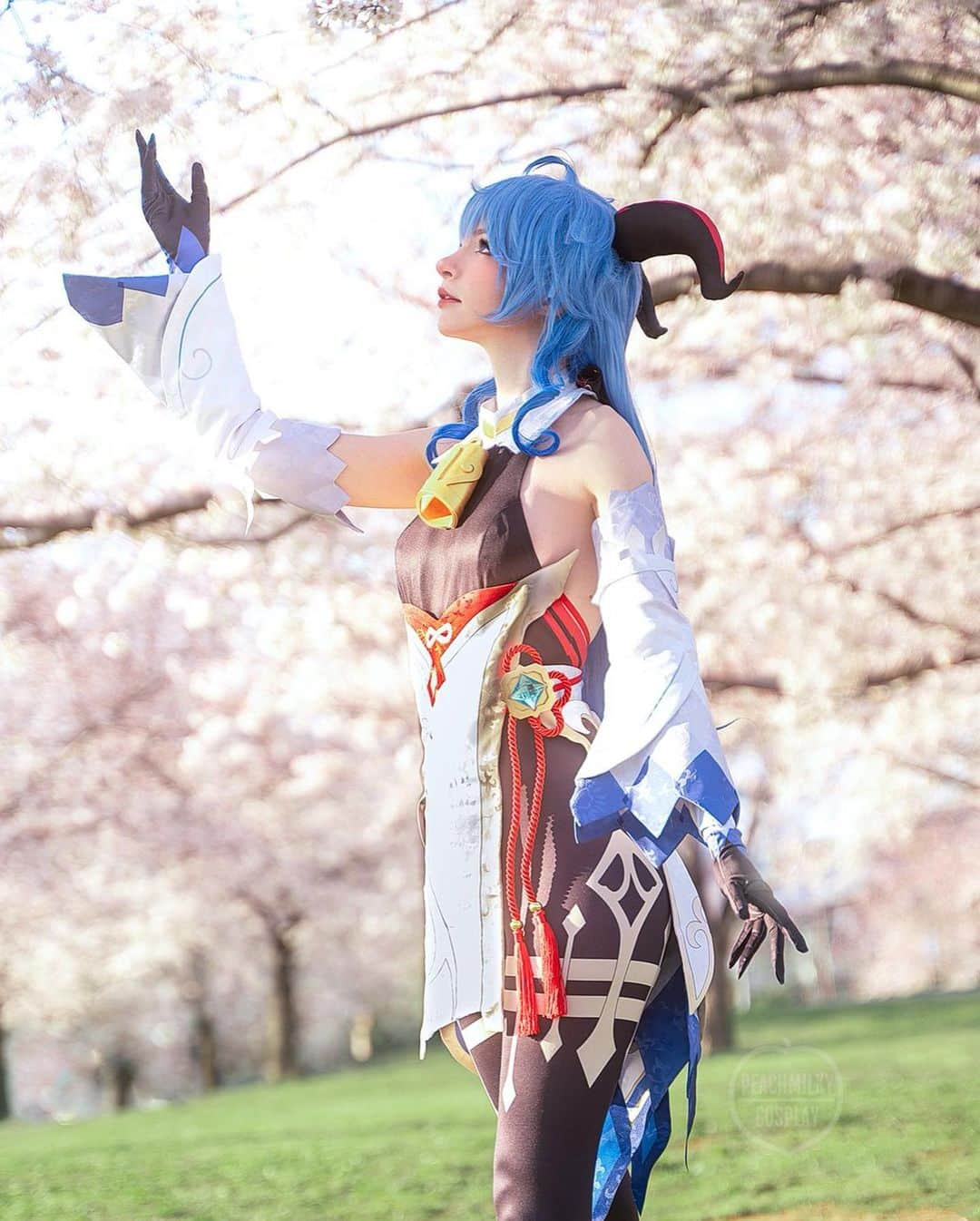 ソフィーさんのインスタグラム写真 - (ソフィーInstagram)「My Ganyu Cosplay is finally here! We did shooting in the Sakura, do you like the setting?  If you lie on the grass, you can feel the heartbeat of the world. 🦋  #ganyu #ganyucosplay #genshin #genshinimpact #genshinimpactcosplay」4月6日 0時12分 - peachmilky_