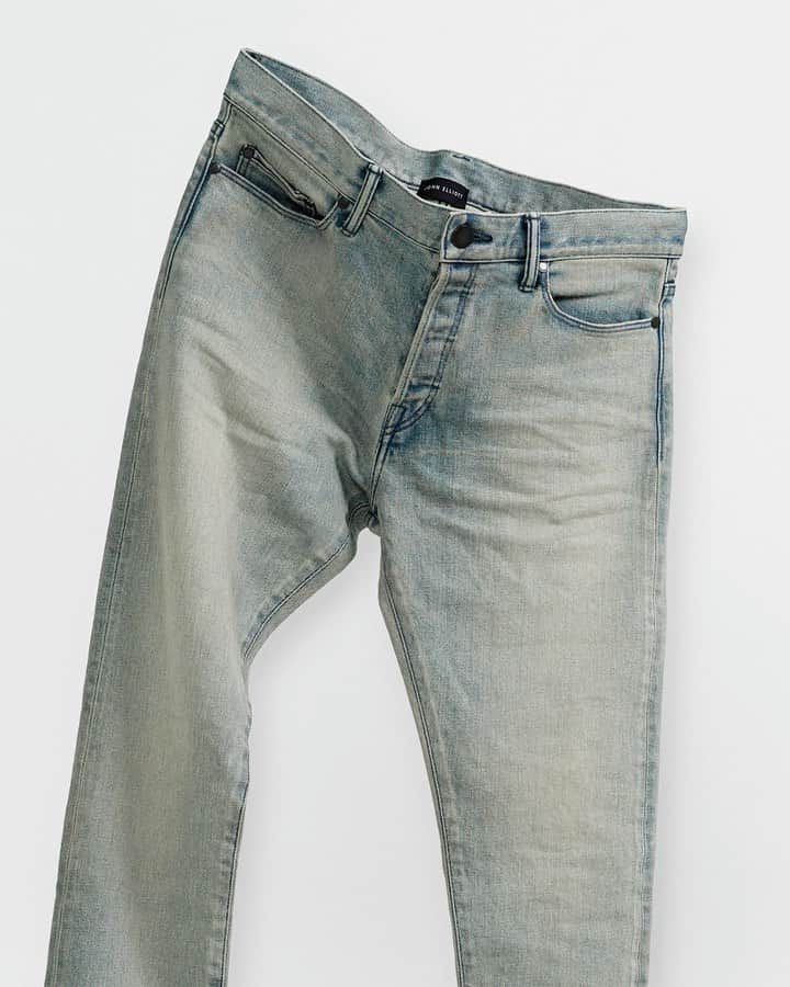 ジョン エリオットのインスタグラム：「The Cast 2 denim returns in Canal, Coast 2, and Spruce. Both washed indigo styles are created with processes unique to Japan for authentic, vintage-inspired finishes. Spruce, part of our raw denim program, features 3D whiskering at the thighs, knees, and ankles. Link in stories.」