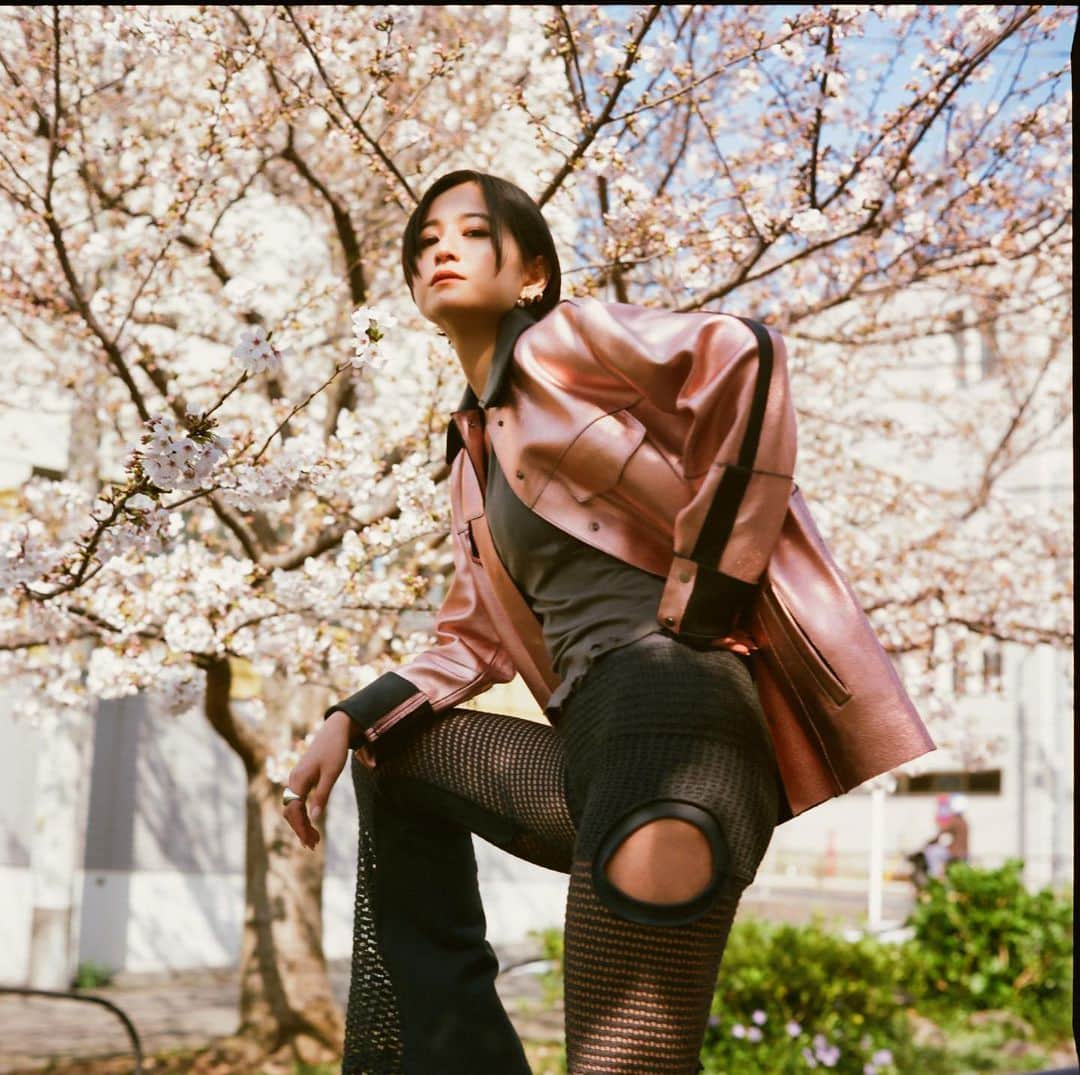 入夏さんのインスタグラム写真 - (入夏Instagram)「Cherry blossom moment🌸  フィルムで私服の写真撮影。 やっぱり携帯とは違う良さがあるなぁ。  この日はH&M STUDIOのメタリックジャケットに、 @cycle_by_myob のパンツを初おろし。 デザインの細かいこだわりに一目惚れしたの！  Thank you for the beautiful photos @badboi @mr_fsahara   #irukastyle #cherryblossom #cyclebymyob #hmstudio」4月8日 10時55分 - iruka__offi
