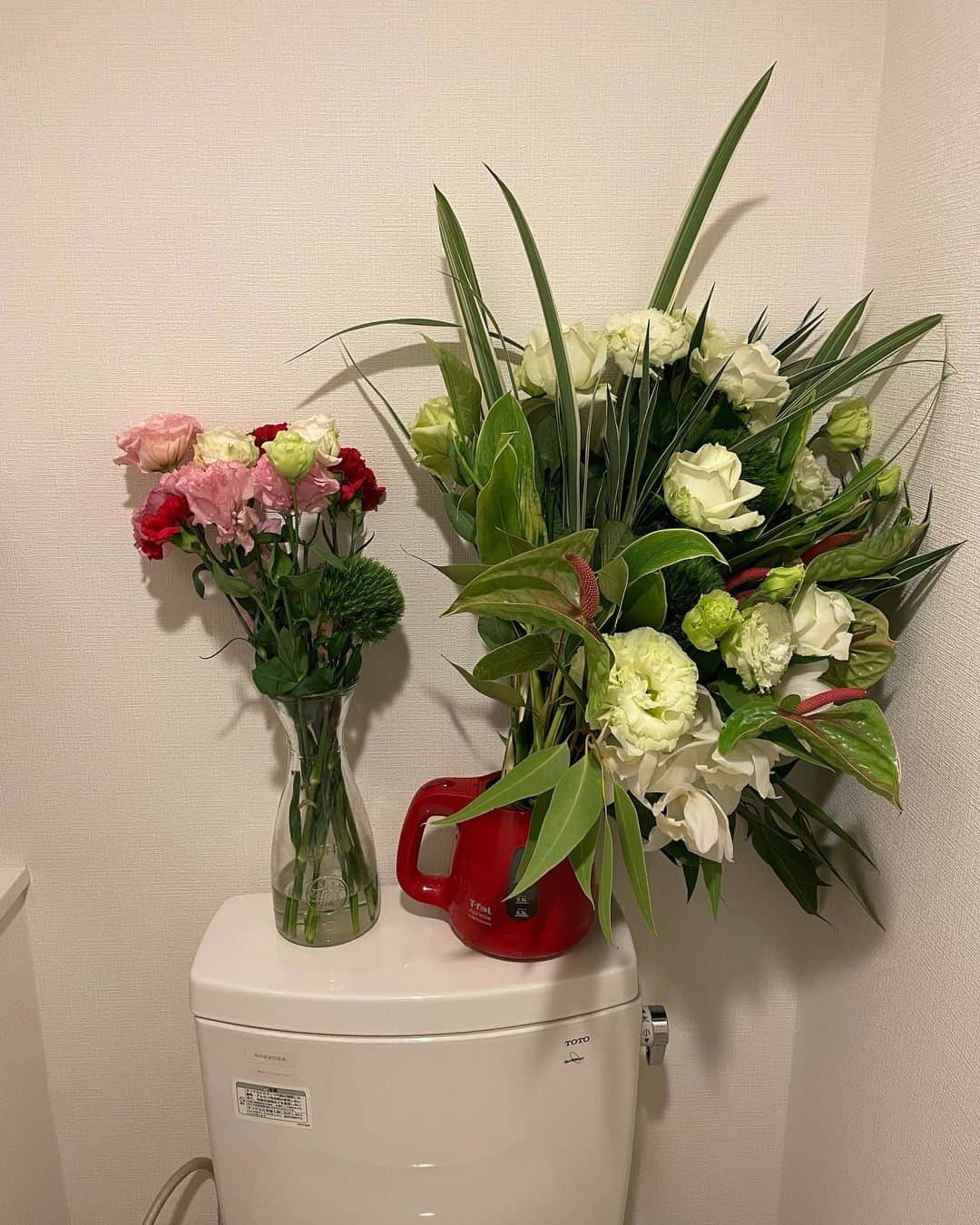 石橋遼大（四千頭身）さんのインスタグラム写真 - (石橋遼大（四千頭身）Instagram)「トイレに花を飾るようにしてるのですが、 色々あって大変なことになったことがありました。 ・ #花 #トイレに置くと #悪い運気を吸い取ってくれるらしい #右側は頂き物 #入る花瓶なくてティファールに #お湯沸かすの我慢しました」4月23日 10時46分 - 4000ishibashi