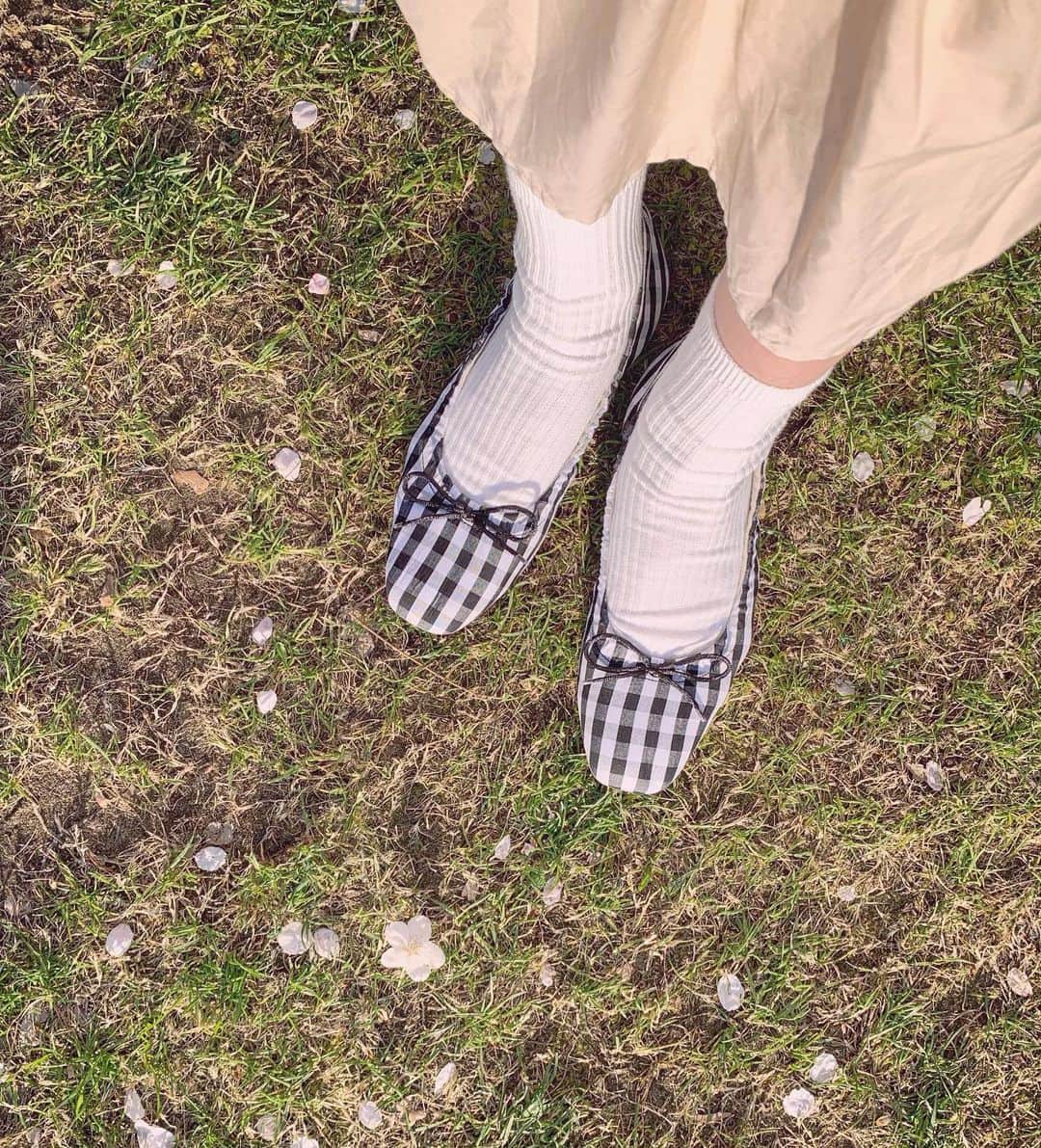 のインスタグラム：「桜の花びらたち…🌸🌱💐 . . 今年の春買った、ギンガムチェックのバレエシューズ🩰🖤可愛い！💗 . . #バレエシューズ #ギンガムチェック #heather #プチプラ #プチプラコーデ #プチプラ通販 #プチプラファッション #ootd #outfit #outfits #fashion #ootdfashion」