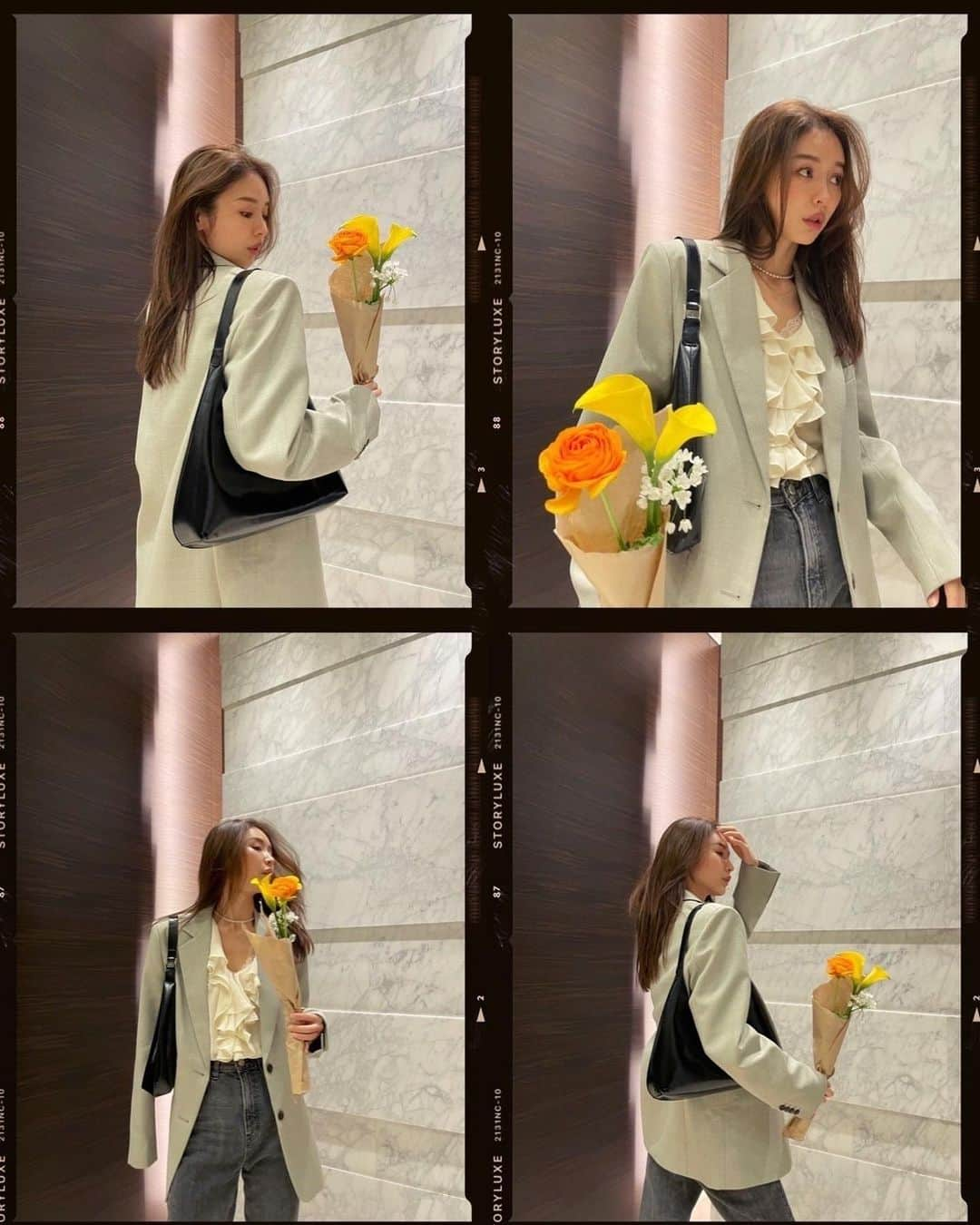 加治ひとみさんのインスタグラム写真 - (加治ひとみInstagram)「It’s Friday today🌼🧡🙊  ✔️しふく jacket @thefrankieshop  necklace @astleyclarke bag @byfar_official  #かぢコーデ」4月9日 21時19分 - kaji_26