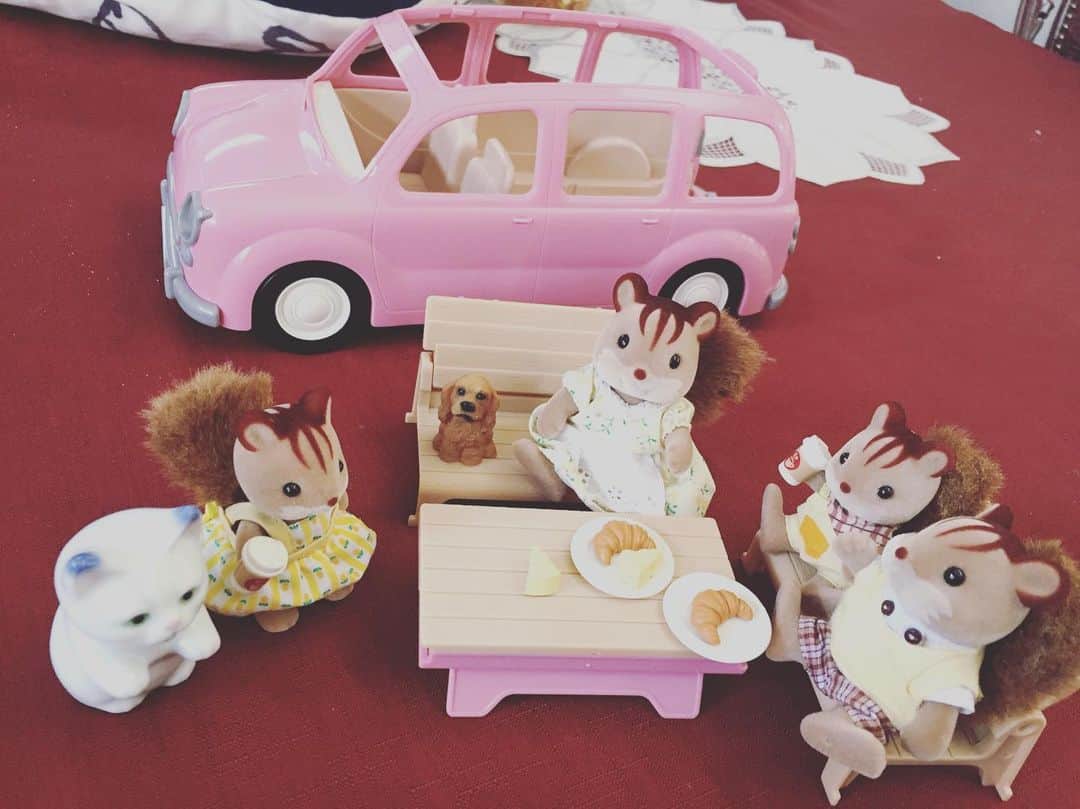 知念芽衣のインスタグラム：「息子がシルバニアファミリーデビューしました🐻🐭🐰  昔は私もたくさん持っていたな〜🙃💗  サニーちゃんそっくりの置物も参加して家族で朝食。  ネコさんはウエイトレス役です😸  可愛すぎて、私もまたハマりそう😂  #シルバニアファミリー」