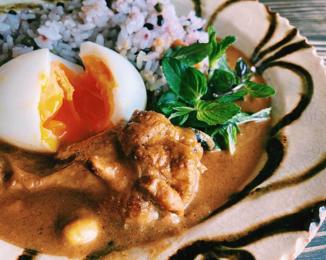 のインスタグラム：「朝からコトコト煮込んだ手羽元ココナッツカレー。手羽元はヨーグルトに漬けたので、スプーンで柔らかくほぐれました😇 実山椒の塩漬けを入れて炊いたご飯。たまに爽やかな香りがやってきてカレーに合う！ ミントと、半熟卵をそえて。 しかしスパイスカレーってのは、二度と同じものを作れる気がしませんね😌  #スパイスカレー　#手羽元　#curry #お昼ごはん」
