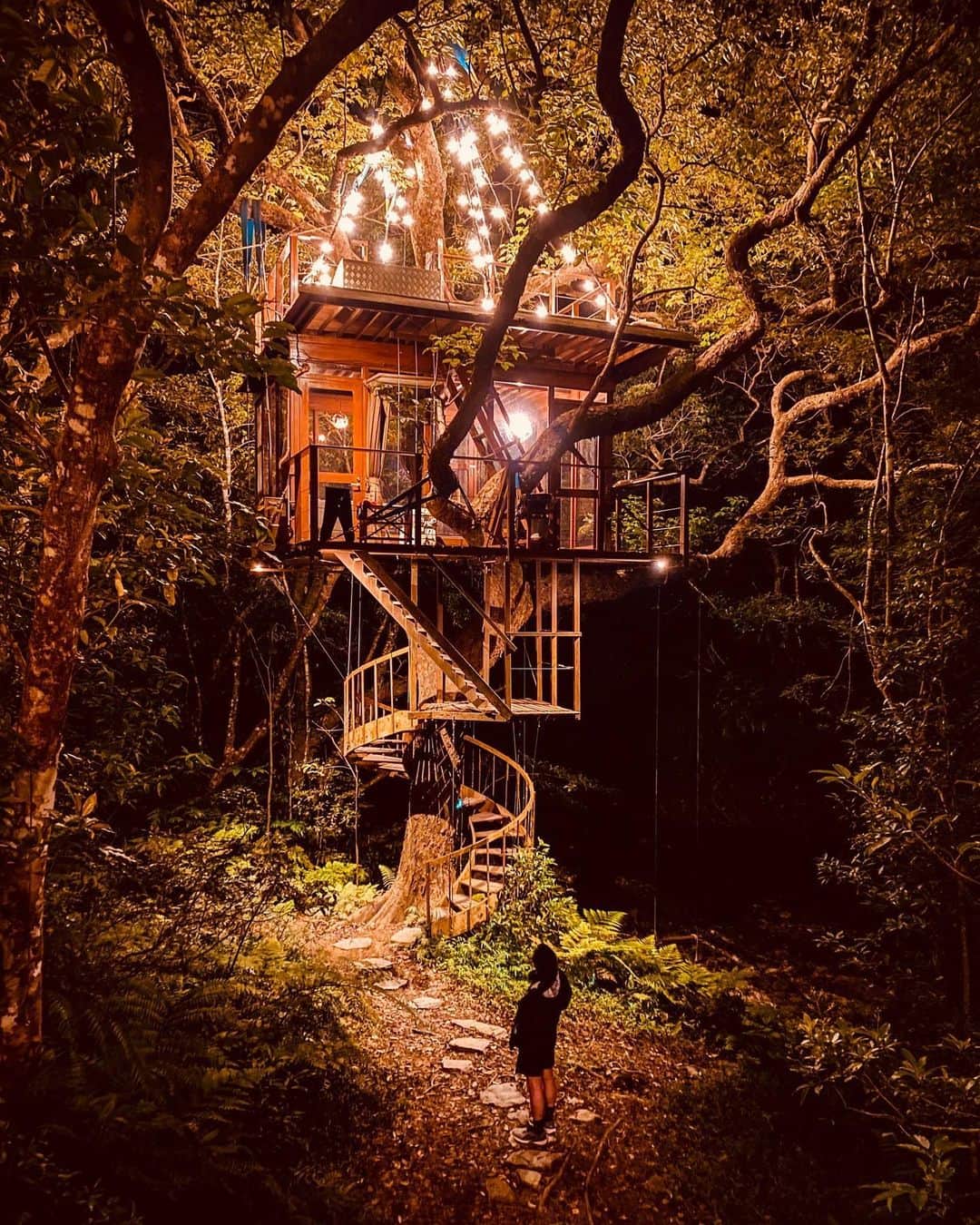 江幡塁のインスタグラム：「子供の頃憧れた夢のツリーハウス。 @treeful.treehouse のオーナーの憧れを形にしたツリーハウスには子供の頃の憧れ、自然との共存、未来へ繋ぐ環境への取り組み、思想がたくさん詰まっていて圧倒的な迫力と共に大自然の中で生きてる自分を感じ、原点に戻れました。  木の上で火を焚いて、ウクレレまで聴けて最高の時間でした。 秘密基地みたいで、ゆっくり語れる時間も本当に夢のような時間でした。  @treeful.treehouse @masarushimabukuro  #treasure #名護　#treehouse」