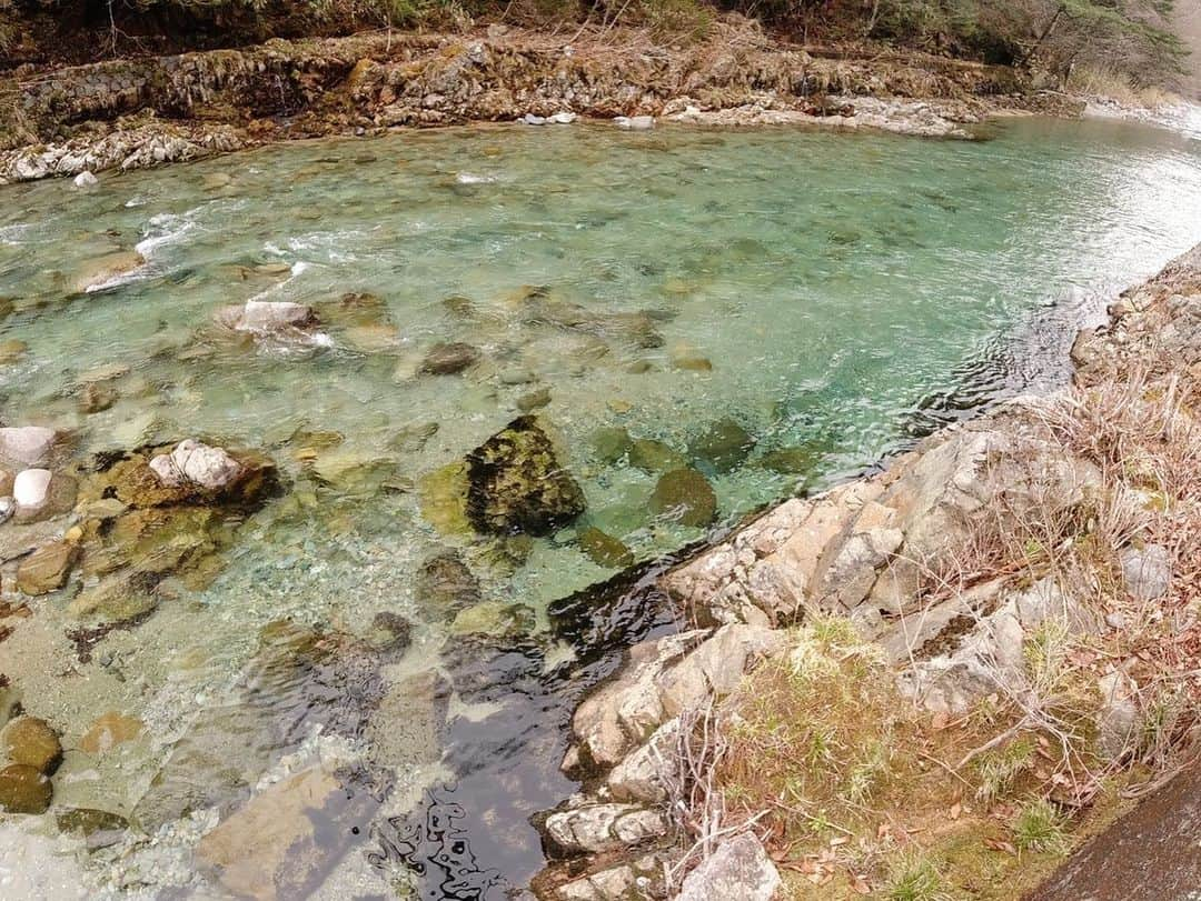 金子藍さんのインスタグラム写真 - (金子藍Instagram)「下呂の秘湯へ♨️  窓から見える川は澄んでて綺麗なブルーで景色と静けさが最高  源泉掛け流し天然炭酸泉の宿 初めての炭酸泉 温度を高くすると炭酸が弱くなる為、ぬるめ 寒い笑 上がれない笑 いつも温泉入って休憩しての繰り返しを延々するんだけど出来ない🤣 炭酸弱くなってもいいので温度上げてもらいました  部屋付き露天風呂あるけど 予約制の貸し切り露天風呂の方が気に入りそちらばかり入浴しちゃってた🤣  #下呂温泉 #温泉 #温泉旅館 #温泉旅行 #炭酸泉 #秘湯」4月12日 13時06分 - aikaneko_surf