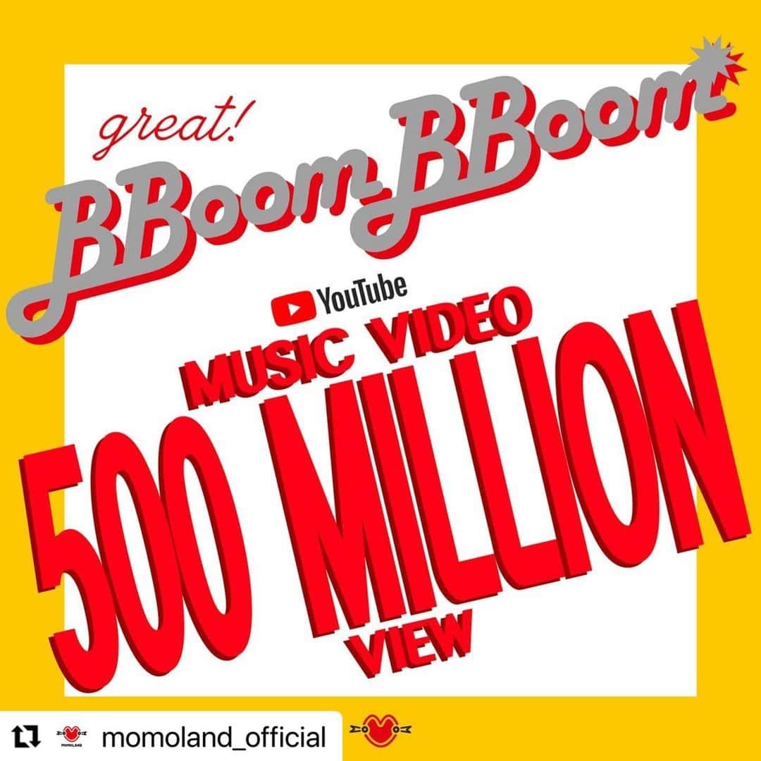 MOMOLAND JAPANのインスタグラム：「[#모모랜드] #MOMOLAND  🎉MOMOLAND 'BBOM BBOM' MUSIC VIDEO 500 MILLION VIEW🎉  モモランドの 'BBoom BBoom' MVが 再生回数 5億回を突破しました♥ 🎬 youtu.be/PmmrRK_8Mqo  #MOMOLAND #뿜뿜 #BBOMBBOM #혜빈 #HYEBIN #제인 #JANE #나윤 #NAYUN #주이 #JOOE #아인 #AHIN #낸시 #NANCY」