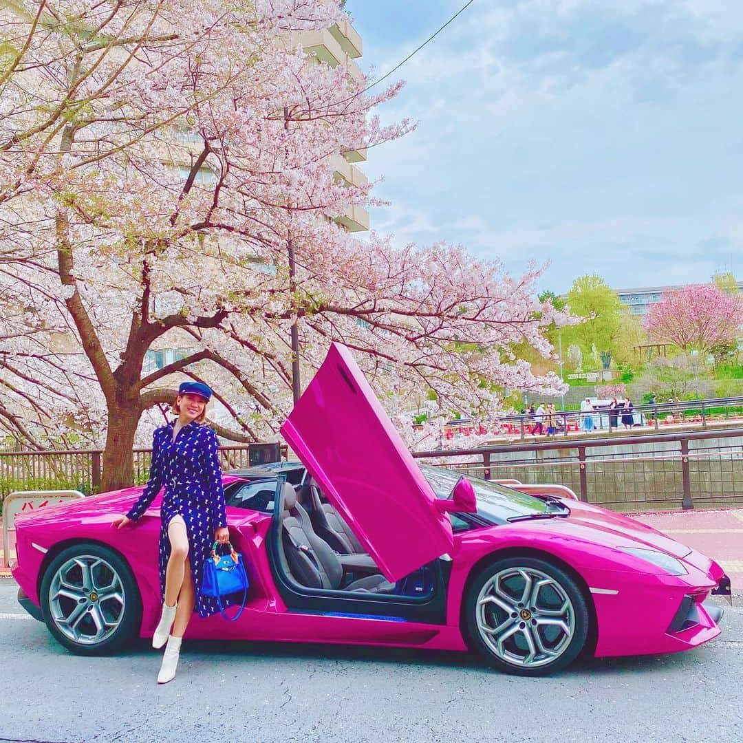 坂井雪乃のインスタグラム：「今年は桜とアヴェンタちゃんと撮れました🏎🌸🌸  桜が散って新緑の季節の到来ですね🌳🌿✨ ドライブが気持ちいい季節になって嬉しいな🥰  #アヴェンタドール  #ランボルギーニ #ランボルギーニアヴェンタドール  #lamborghini #lamborghiniaventador  #美脚製造トレーナー #美脚トレーナー」