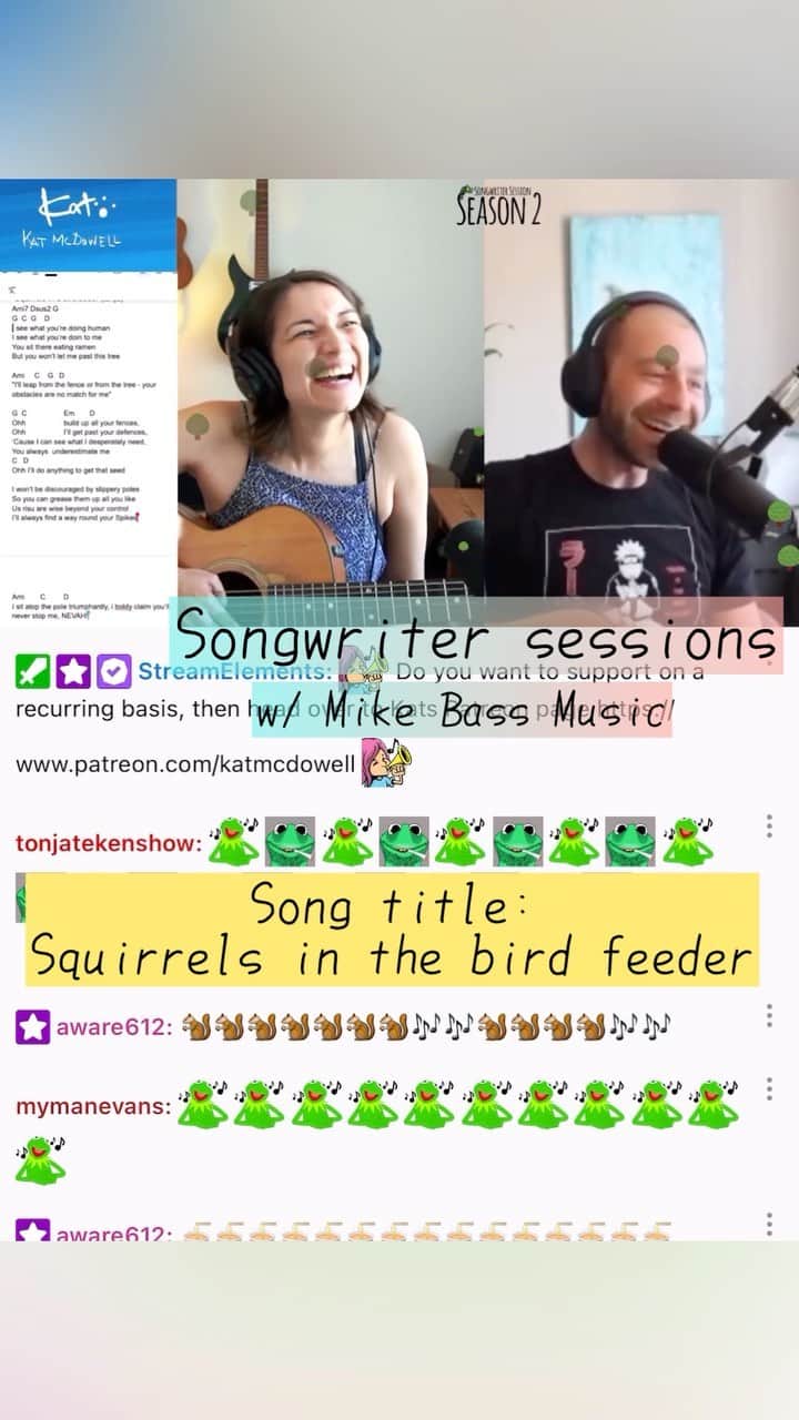 KATのインスタグラム：「I have never laughed so hard as the last songwriter session with @mikebassmusic who did an impromptu Kermit version of our new song “Squirrels in a bird feeder”   These twitch songwriting sessions are always so inspiring and wonderful! Every time there’s always a new spark and a new song!  I hope @markrober would hear this and use this in one of his Squirrels and a birdfeeder videos!」