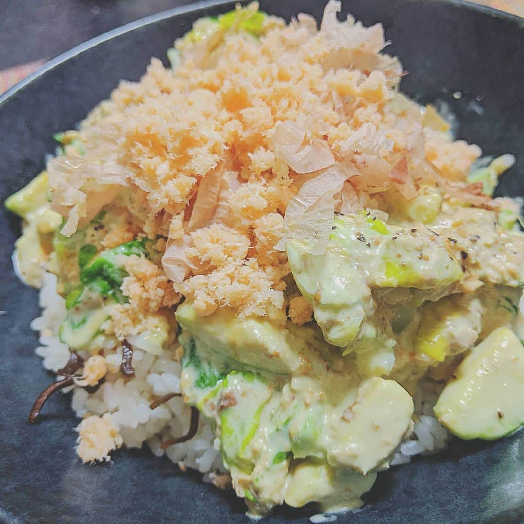 のインスタグラム：「500円で作った晩御飯です。 味噌とマヨネーズとアボカドを 和えた物を丼にしました。 変な食べ物ですが美味しいですよ笑 #料理」
