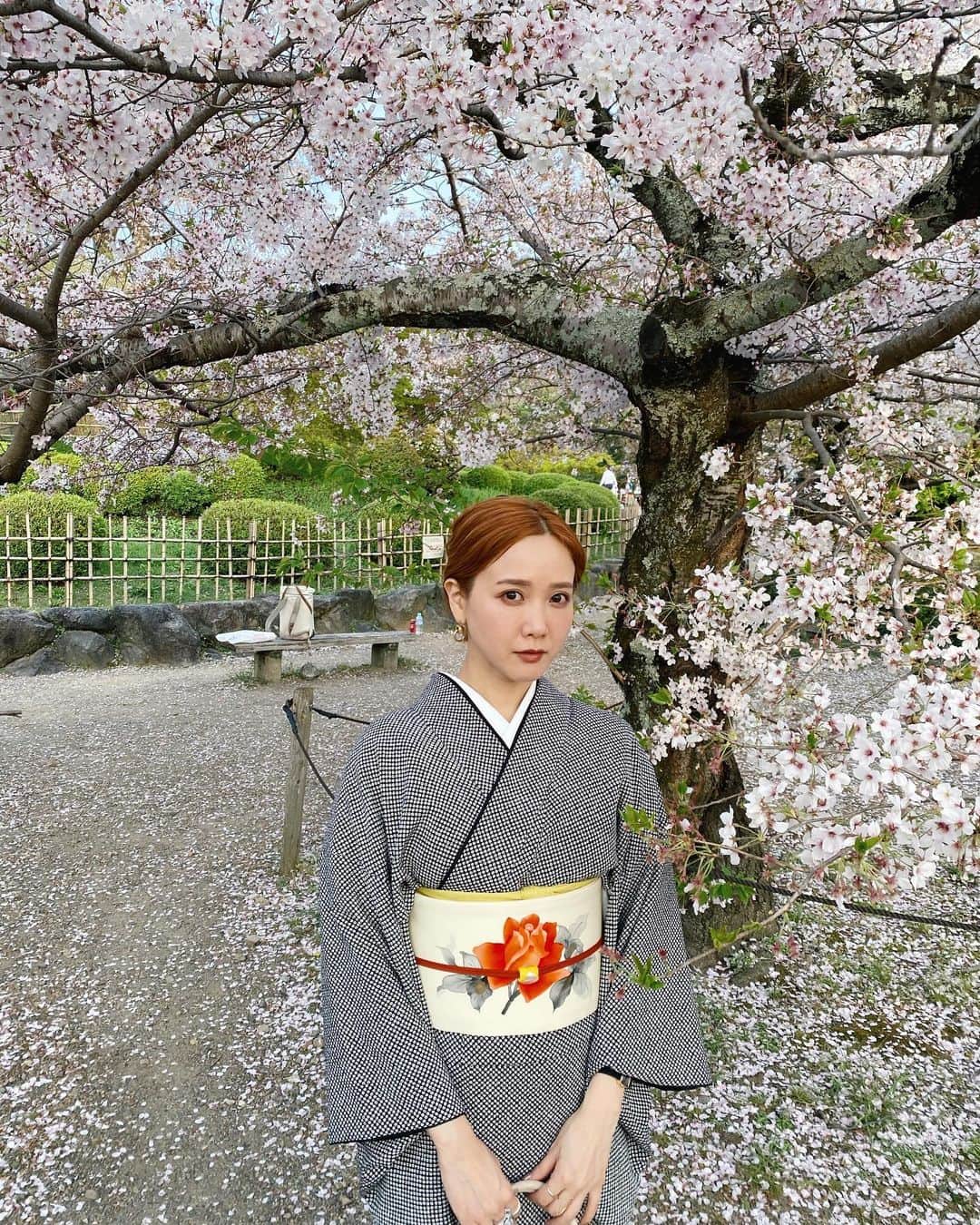 のインスタグラム：「オレンジ頭に着物👘 着物は背筋がしゃんと伸びるから、好き。  この日は帯のお花をワンポイントにコーディネート。 髪の毛がオレンジで明るいので、思い切って黒のシンプルな絞りで。 髪の色がこれじゃなかったら、たぶん選んでない色。 自分のものを持つのも素敵だけど、こうやってレンタルだからこその一期一会を楽しむのもまた一興♥ お着物は小物の合わせで雰囲気がガラリと変わるから、それがまた面白いんだよな〜☺️  今年は着物をたくさん着る年にしたいなって思ってて、着付けとかお茶とかも習いたいという小さな野望をここにメモ。（ついでに品の良い所作とかも身につけたい…！） 着物を着て食事しに行く、とか、もう少し日常に寄り添わせたい✨  #たなか旅メモ #京都 #着物」