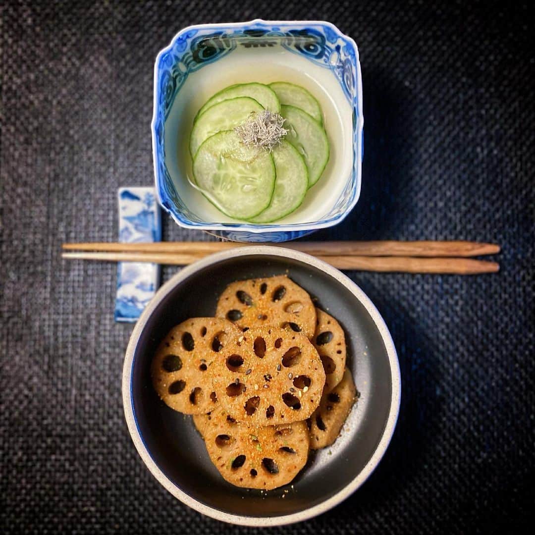 のインスタグラム：「胡瓜の酢の物と蓮のきんぴら風🥢 見た目もお味もホッとします。  #裕木庵　  #和食 #酢の物 #蓮のきんぴら #japanesefood #food #healthylifestyle」