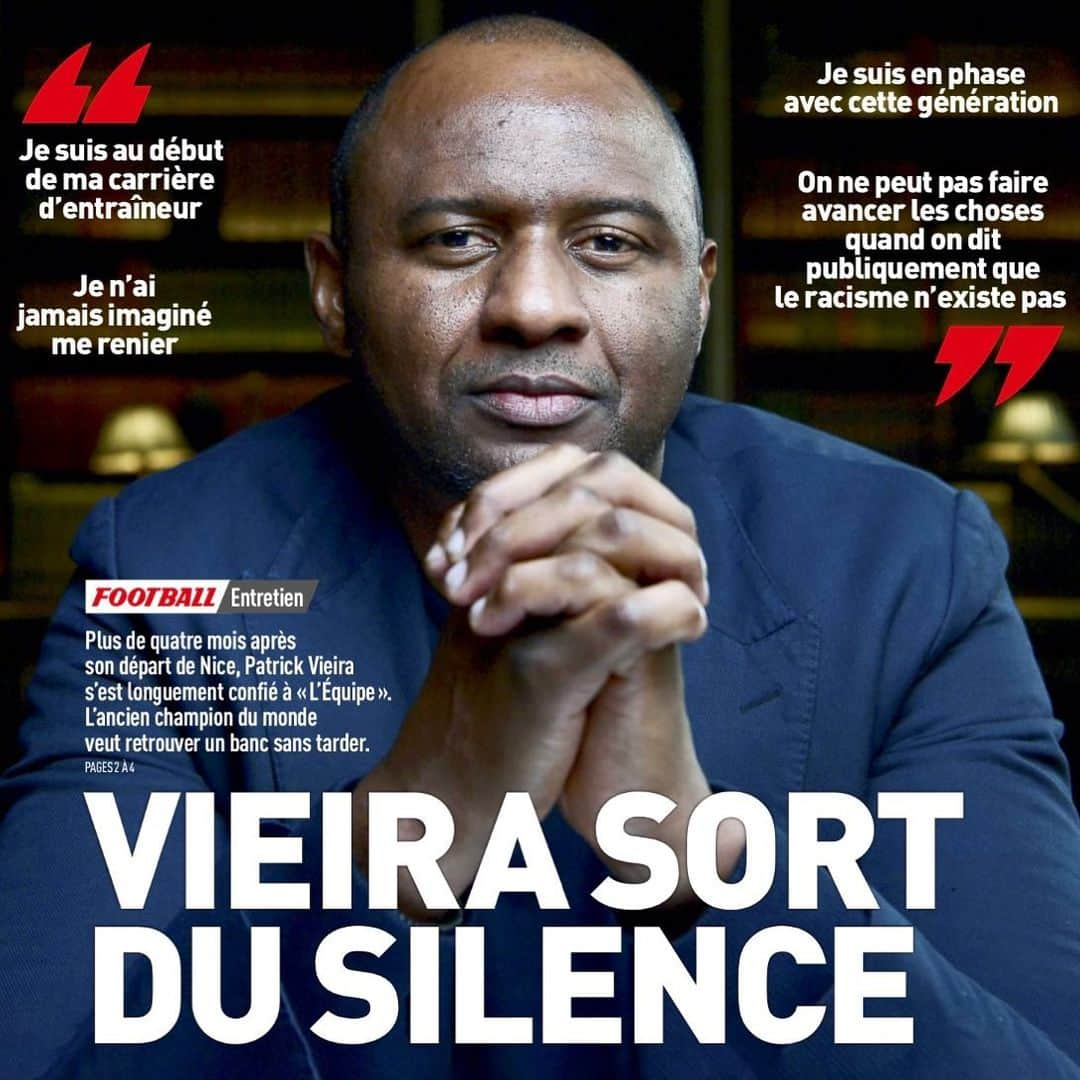 パトリック・ヴィエラのインスタグラム：「Merci @lequipe et @hugodelom de m'avoir donné l'opportunité de m'exprimer ce matin dans leurs colonnes. Interview à retrouver dans l'édition d'aujourd'hui. 🗞」