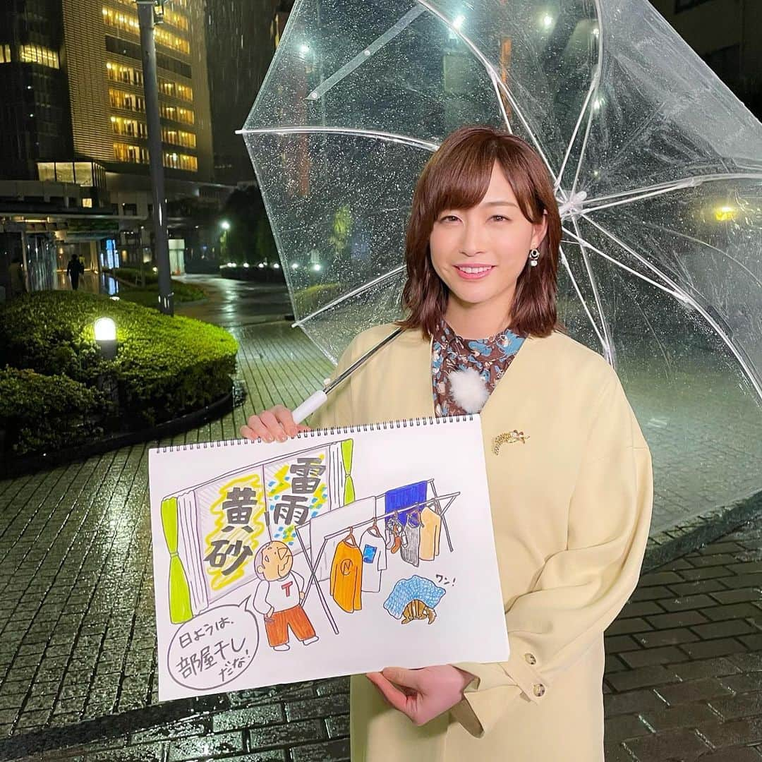 新井恵理那さんのインスタグラム写真 - (新井恵理那Instagram)「雨がどんどん強くなってきて水溜りがたくさん…☆ 日曜日は雷雨と黄砂の心配があるので部屋干しがおすすめです！ 実は、胸元のブローチにスズメが二羽留まっていました♪かわいいっ(*^▽^*) #新情報7daysニュースキャスター #新井恵理那のweatherニュースキャスター #新井恵理那 #centforce」4月18日 0時00分 - elina_arai