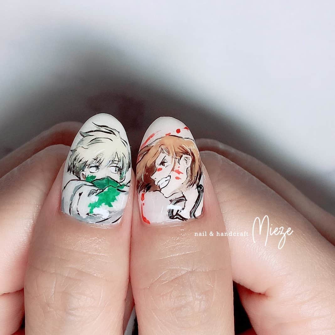 のインスタグラム：「New nail ✨ ・ ・ 今回もとっても可愛くして頂きました🤤💕  呪術廻戦セガラッキーくじGRAFFITI×BATTLEのデザイン‪‪☺︎‬  可愛すぎてルンルンです😎✨  #呪術廻戦ネイル #セガラッキーくじ #graffiti #battle #狗巻棘 #釘崎野薔薇 #伏黒恵 #パンダ #かわいい #ハッピー #newnail #幸せ #ありがとうございます」