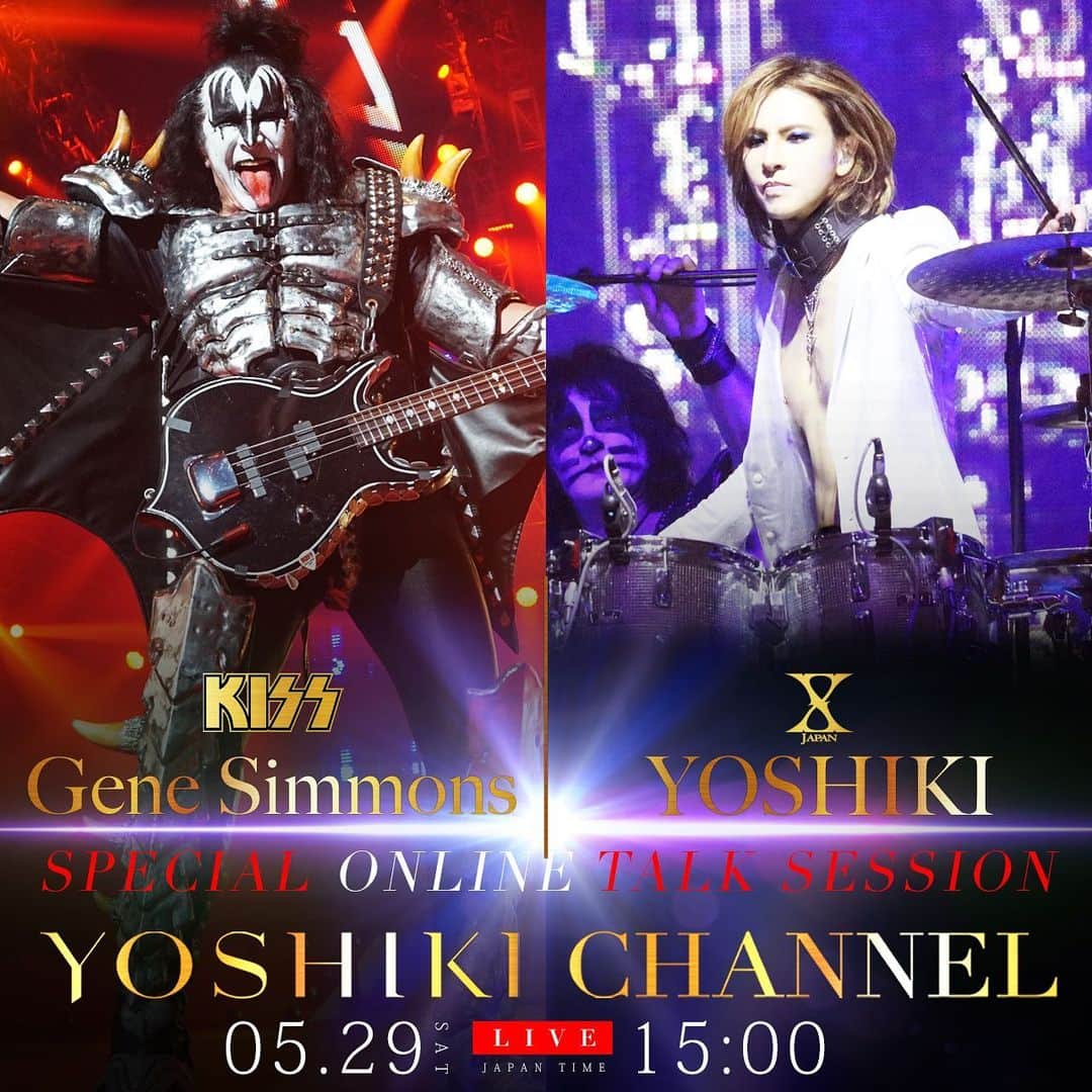 YOSHIKIのインスタグラム：「Looking forward to it! 楽しみ。  "Gene  Simmons-KISS & YOSHIKI - X JAPAN will appear on YOSHIKI CHANNEL  KISSのジーンとX JAPANのYOSHIKI、対談が決定！  Live stream on May 29 (Sat) 3pm JST Gene Simmons of KISS and YOSHIKI of XJAPAN will appear on YOSHIKICHANNEL!  5/29 (土) 3pm 生放送決定！ KISS ジーン・シモンズ × XJAPAN YOSHIKI 対談が再び実現！ YOSHIKI CHANNEL で独占配信  NicoNico  https://ch.nicovideo.jp/yoshikiofficial/blomaga/ar2020668  YouTube (日本語及び２ヶ国語同時放送) https://youtu.be/h7DsNw030oA  @yoshikichannelofficial  @genesimmons @kissonline  @yoshikiofficial @xjapanofficial  #yoshikichannel #genesimmons #kiss #yoshiki #xjapan」