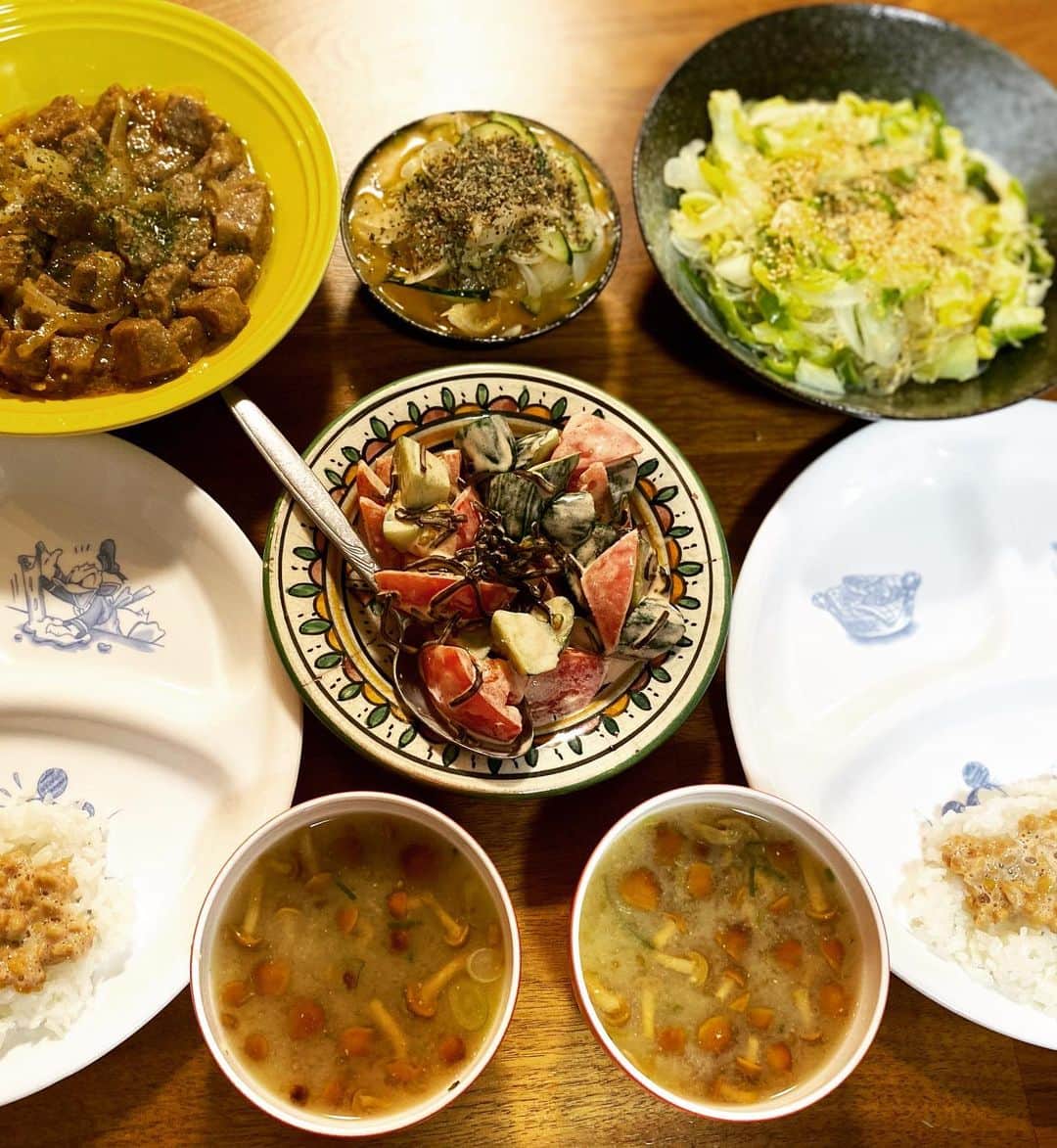 のインスタグラム：「一週間、お疲れ様でした。  #西山食堂 #🎲ステーキ #春雨春野菜チャプチェ風 #トマキュー塩昆布マヨシャカ #昨日の塩玉マリネの皿サイズミス #各自納豆 #なめこ汁 #いつだって炊きたて新潟白米が優勝  使ってみたかった優勝。 使ってみる日。  #今週も愛強め姉妹 #君達が優勝 #🍒」