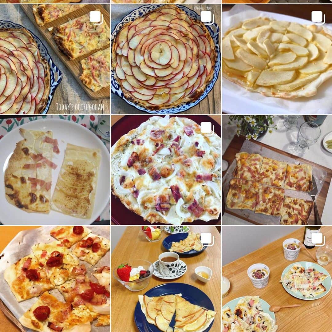 若山曜子のインスタグラム：「まだまだあったけど、インスタライブ見てくださった皆様のタルトフランベ。どれも美味しそう〜❣️ 四角でも丸でも😆 好きなように伸ばして お好きなものをトッピングして 自由に楽しんでくださいね♪ #タルトフランベ　#アルザスのお好み焼き　みたいなもの…？　#メゾンベニコ　のベニコさんに15年前に教わったレシピ」