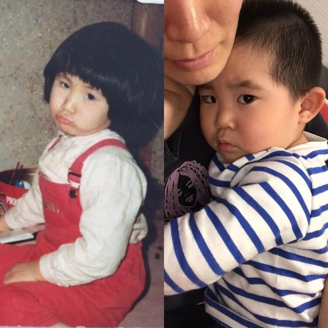 高橋みゆきのインスタグラム：「似てるよね☺️私と心坊💕 ( Io e mio figlio) #弟におもちゃ取られてむくれてる私 #甘えて抱っこの心坊」