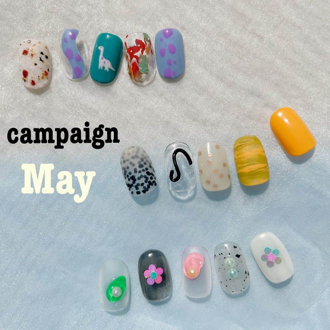 ネイル アイ サロン スグネのインスタグラム：「❰Sugne campaign ❱6990yen ‪🌈·♡·🎏·♡·🍦 5月の月替わりキャンペーン🤗😍👭 パラジェル変更+¥330 色替え無料🆓 リピーターオフ無料🆓 . 他、ゆたむコース（ ¥7700）、イラストありのオーダーメイドコース（梅コース¥8800）痛ネイル等はお電話のみの受け付けになっております。 . #sugnecampaign #sugne#ネイル#ネイルデザイン#ネイル#カジュアルネイル#ショートネイル#ネイル#ニュアンスネイル#ニュアンスアート#nail#マツエク#カラーエクステ#かわいい#nailart#手描きアート#高田馬場ネイル#高田馬場」