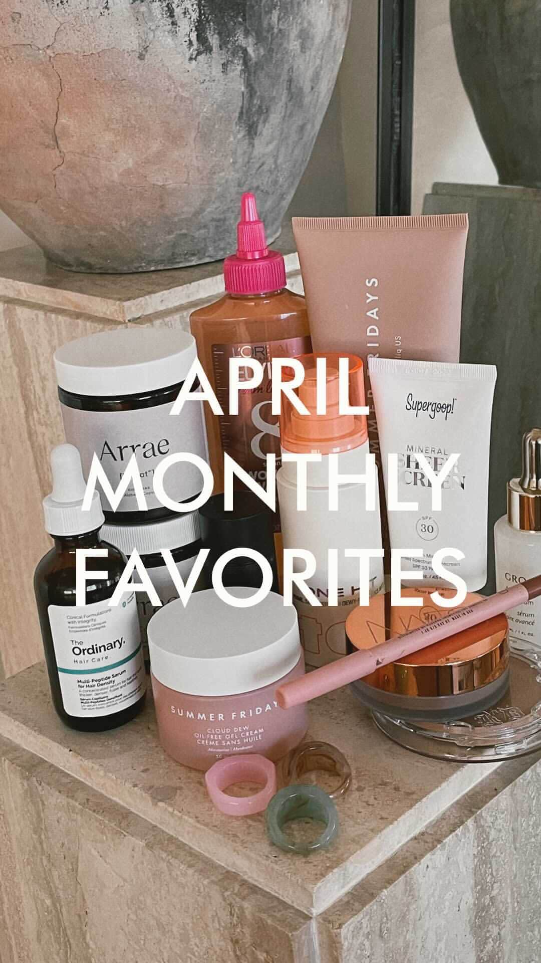 Marianna Hewittのインスタグラム：「Sharing my April monthly favorites!  @arrae.co bloat + calm supplements @itembeauty ONE HIT setting spray @supergoop Mineral Sheer Screen @summerfridays Cloud Dew Oil-Free Gel Cream  @summerfridays Summer Skin nourishing body lotion @dysonhair Corrale straightener @lorealparis Elvive Dream Lengths Wonder Water @deciem Multi-Peptide Serum for Hair Density  @vegamour GRO + Advance Hair Serum  @kvdbeauty Good Apple Skin Perfecting Foundation Balm in 39 Medium  @Narsissist Sunkissed Bronzing Cream in Laguna  @westmanatelier Lit Up Highlighting Stick  @personacosmetics Lip Liner in Almond  @urbanoutfitters Simona Ribbed Bra Top and Cardigan  @amazon rings @newbottega Mini Jodie Leather Hobo Bag」