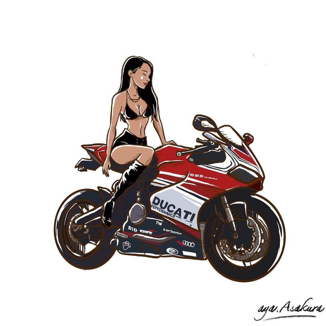 CAMIRAのインスタグラム：「パニガーレとのイラストを描いてもらって喜んでおります😭❤️ 最高すぎるううぅ！ @aya.asakura00 さんありがとうございます😌 バイクの特徴も掴んでるのもすごいしほんと素敵だ(о´∀`о) #bikegirl#motorcycle#バイクのある生活#バイク女子#パニガーレ#似顔絵#イラスト」