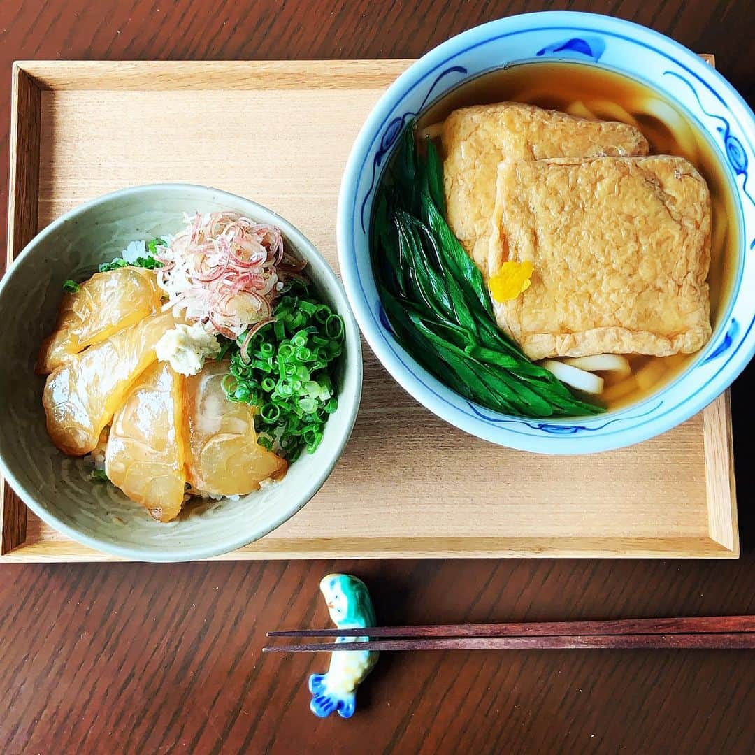 志摩有子さんのインスタグラム写真 - (志摩有子Instagram)「昨日の鯛の刺身の残りを胡麻だれ漬け丼に。 せっかくいい鰹節があるので、昆布と合わせて久しぶりにちゃんと出汁を取ってきつねうどん。やっぱり香りも風味も違う。  #松村の鰹節 #きつねうどん #胡麻だれ漬け丼」5月2日 13時50分 - ariko418
