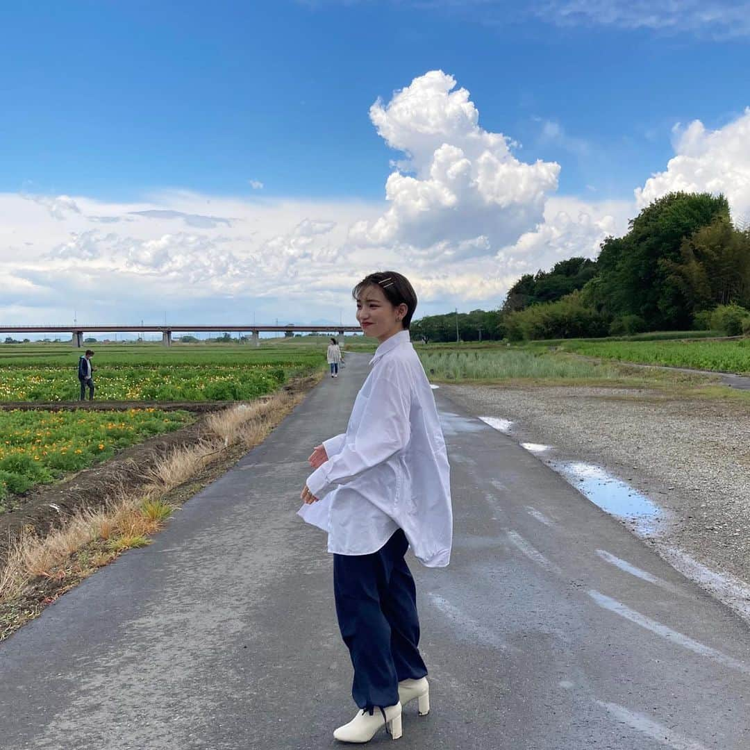 narumiさんのインスタグラム写真 - (narumiInstagram)「ㅤㅤㅤㅤㅤㅤㅤㅤㅤㅤㅤㅤㅤ ㅤㅤㅤㅤㅤㅤㅤㅤㅤㅤㅤㅤㅤ 日立の海浜公園行きたかったけど 雨だし密避けたいし、、、で、 埼玉のネモフィラ見に来たらシーズン見事に外しててこの顔です🥳 名前がハッピーすぎて好き❕ 空が加工みたいに綺麗☁️ 5月中旬以降が旬でお祭りという名のイベントやってるらしいので皆様ぜひ！笑 ㅤㅤㅤㅤㅤㅤㅤㅤㅤㅤㅤㅤㅤ #マスク胸ポケにあります #完全に名前で場所選んだ ㅤㅤㅤㅤㅤㅤㅤㅤㅤㅤㅤㅤㅤ #ポピーハッピースクエア　#埼玉観光 #埼玉さんぽ #鴻巣 #鴻巣カフェ #埼玉カフェ #ショートヘア #ショートスタイル #ショートヘアアレンジ #春コーデ #ゆるゆるコーデ」5月2日 19時15分 - narumi_hoshi__