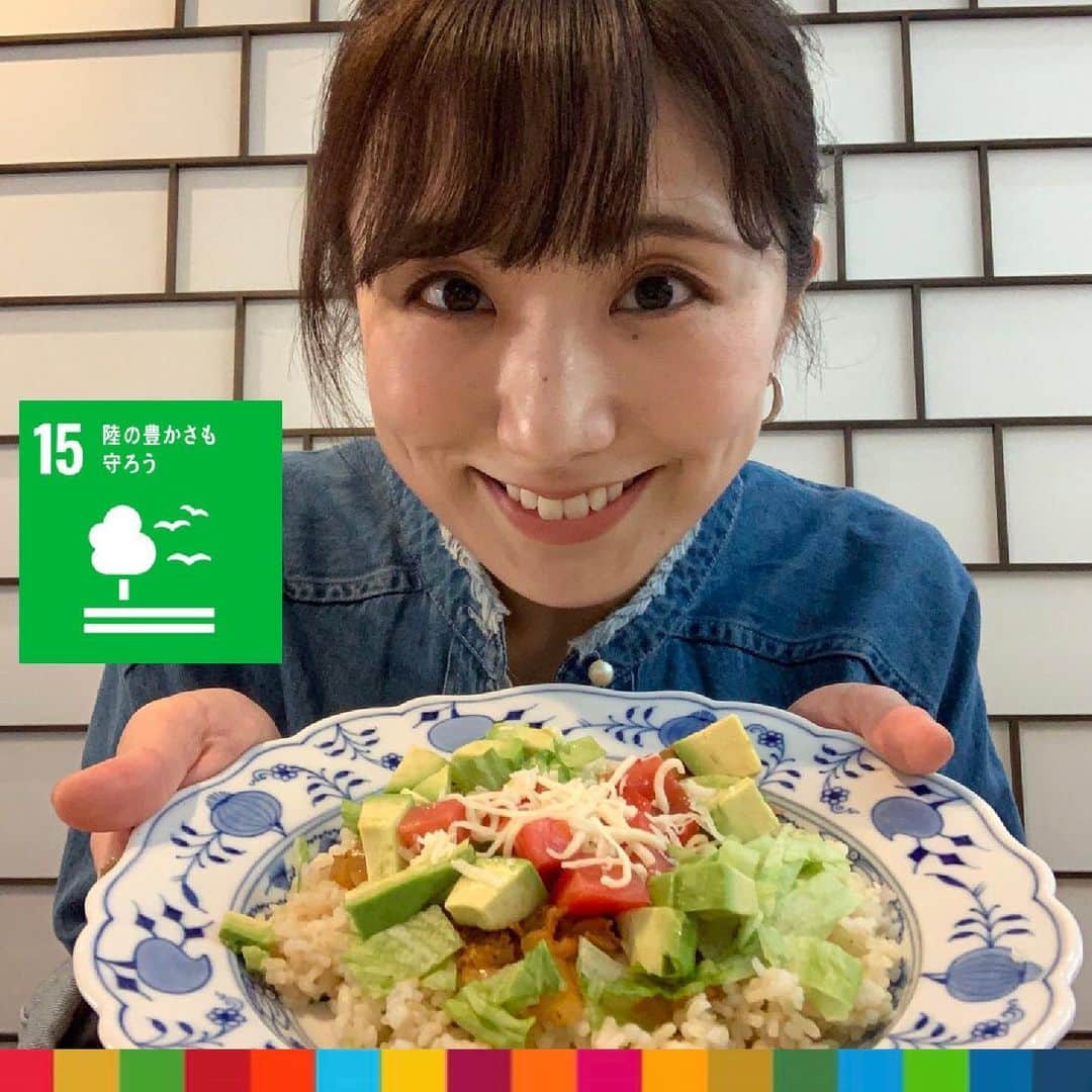 フジテレビアナウンサーのインスタグラム：「松村未央です。  このタコライス、お肉の代わりに大豆ミートを使っています。  わが家では定番になりつつある大豆ミートを使った料理。身体にも良く、地球にも優しい代替肉。最近、置いているスーパーも増えた気がします。 買い物に行けず、「今日の夕飯どうしよ〜」というときも、ストックの大豆ミートがあると助かります！ 味付けはしっかりしているので食べ応えがありますが、ヘルシーなので罪悪感なく食べられますよ😋  #楽しくアクションSDGs #sdgs #2飢餓をゼロに  #13気候変動に具体的な対策を  #15陸の豊かさも守ろう #松村未央 #フジテレビ アナウンサー #大豆ミート」