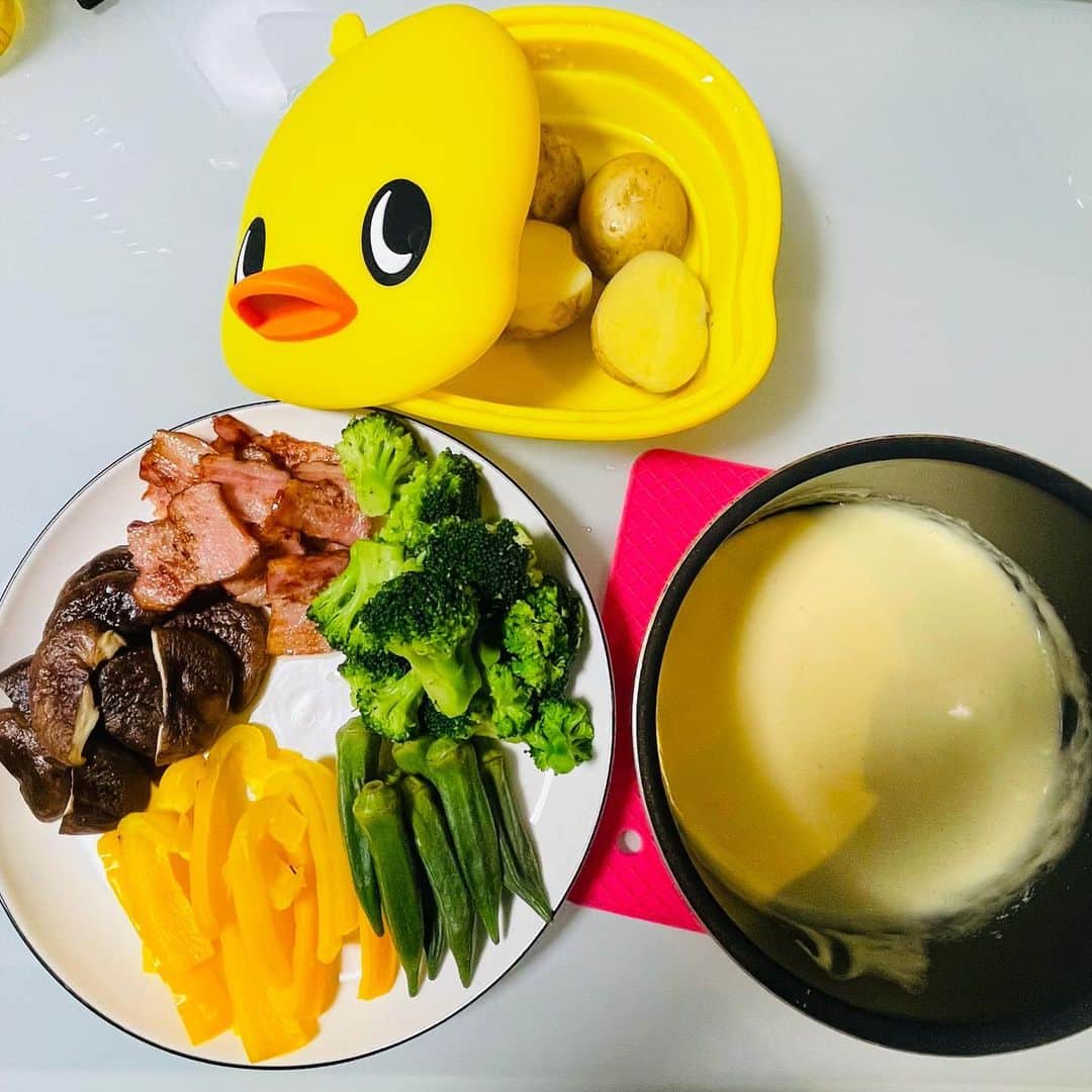 丸山奏子のインスタグラム：「自家製チーズフォンデュ🧀 勢い余ってたぶん具が多すぎる気がするけど、米食べないからよしとする❗️笑  ひよこスチーマーをいただいたのだけど可愛いし温野菜が楽々作れてよき☺️  いただきまーす！  #至福のひととき」