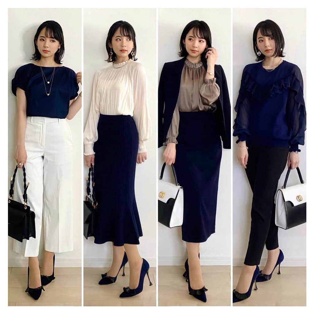 のインスタグラム：「なんだかまた, ネイビーがマイブームです﹏ ❁°🥿 左から, ×白 ×キナリ ×カーキ ×黒。やっぱりネイビーは, 全体的に無彩色に近い色ばかりでまとめるのがすきです。小物も差し色を入れたりせず, ネイビー・白・黒がいい感じ。その代わり, ツヤ素材やギャザー, フリルなど 女性らしい素材感やディテールを多めに入れて 地味見えを回避します✌🏻  【左】 めっちゃめちゃ素敵なブラウスに出会ってしまって🙈♥︎ ツヤとハリのある素材, ゴムで絞られた落ち感ある袖がとってもフェミニンなんです。後ろに一粒パールがついているのもかわいい。またアップで載せたいお気に入りです😎 白パンツで, 爽やかながらちょこっとフェミニンなコーデに。  【中左】 キナリのギャザーブラウスと合わせたクラシカルコーデ。 お洋服の雰囲気に合わせたピアスも気に入っています♥︎♡  【中右】 カーキのブラウスで, 大人っぽいスカートスーツコーデ。 このブラウスはツヤ×とろみ素材。【左】のツヤ×ハリ素材とはまた印象が変わります。ハリ素材だときちんとした印象に, とろみ素材だとややフェミニンな印象に☺️  【右】 ネイビーを使った配色の中でも, ネイビー×黒は大人っぽくて特にすきかも! (顔しに色どうしの組み合わせですが😂) このフリルトップス, プチプラなのに全然安く見えなくて気に入っています😳 まだ全然暑くならないからしばらく着るつもり笑  今回着ていたのは【左】のコーデです。 blouse. @passione_tokyo  pants. #プラステ pumps. @manoloblahnik  bag. @charleskeith_jp  necklace. @beigecomma  pierce. @mizukijewels  ring. #anemone #cuicui watch. #agete  #お仕事コーデ #オフィスカジュアル #オフィスコーデ #お仕事服 #通勤コーデ #通勤スタイル #olコーデ #スーツコーデ #スーツ女子 #スーツスタイル  #ジャケットコーデ #ジャケット女子 #ジャケットスタイル #ノーカラージャケット  #パシオーネ #manoloblahnik #マノロブラニク #charlesandkeith #ベイジ #ベイジカンマ #mizukijewelry #ネイビーコーデ」