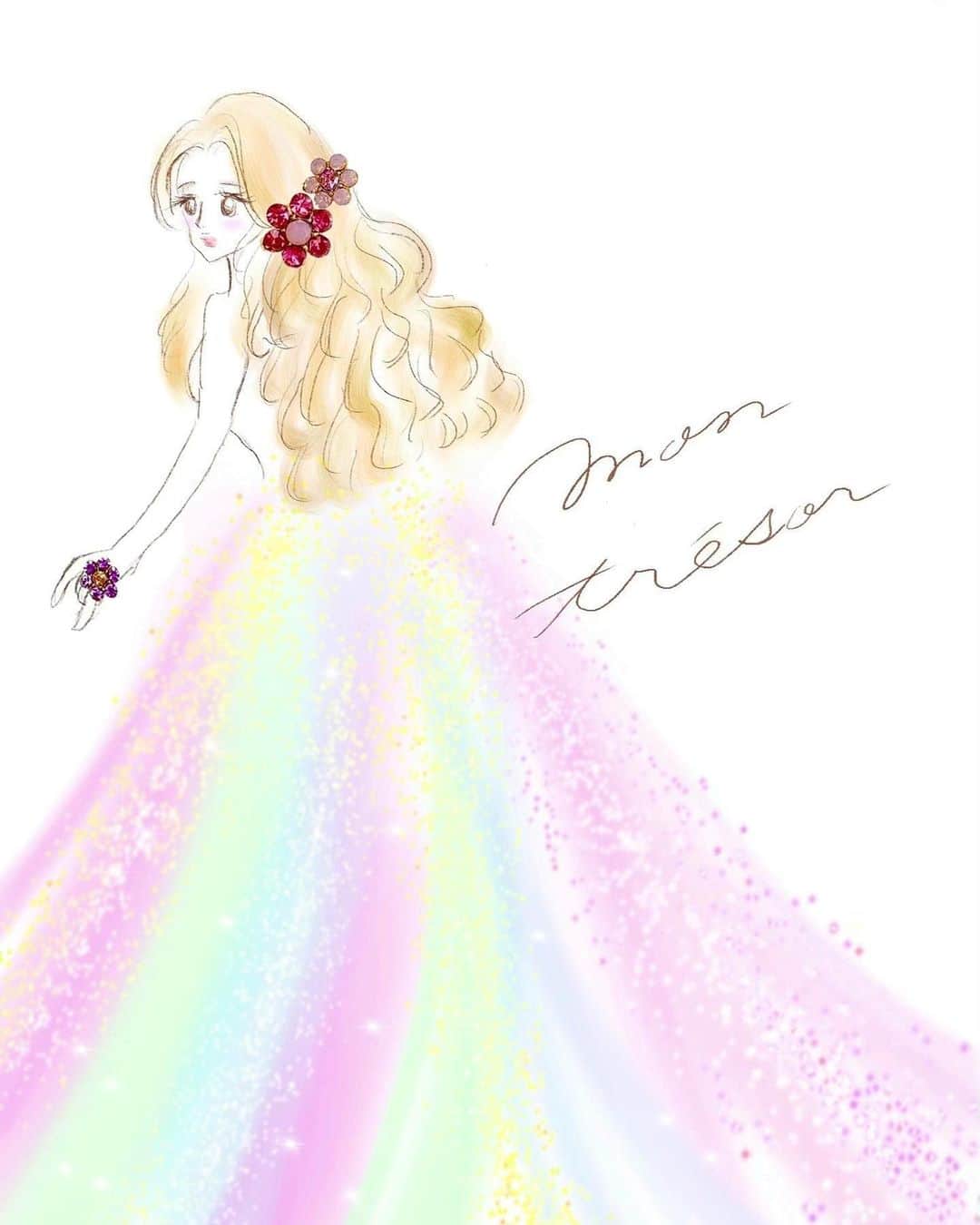 のインスタグラム：「iPadのプロクリエイトで、お絵描きしてみました💓  ヘアアクセサリーと指輪💍のお花は、 @montresorsaki のピアスを背景透明化アプリで くり抜いてつけてみました🎶  ほぼ初めて描いたので、これからいっぱい練習します🎨🖌 お絵描き機能と、漫画のような吹き出しやフォント文字などもある、おすすめのアプリあったら是非教えてください…💓  #プロクリエイト #おえかき #montresor #練習なのであとで消すかもです*´｀*」
