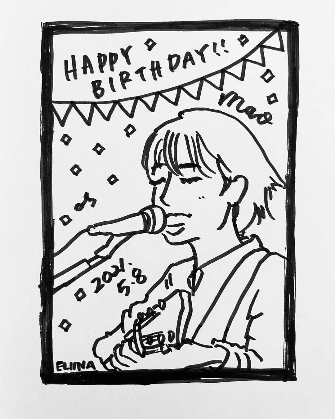 のインスタグラム：「もう昨日になっちゃったけど、5/8は宇宙まおのbirthday! わたしはオンラインでライブを楽しみました(o^^o) まおぴーは歌っている時がいちばん輝いてて、本当に素敵(*≧∀≦*) ライブを重ねるたびにパワーアップしていく姿に励まされて、わたしも頑張ろう…って思えてます(*^^*) いまからでも見られるので逃した方はぜひ♪ この絵はライブ後すぐに描いてまおぴーに送りました☆消しゴムハンコにしたい！と気に入ってくれた＾＾笑 #宇宙まお #誕生日 #ライブ #新井恵理那 #centforce」