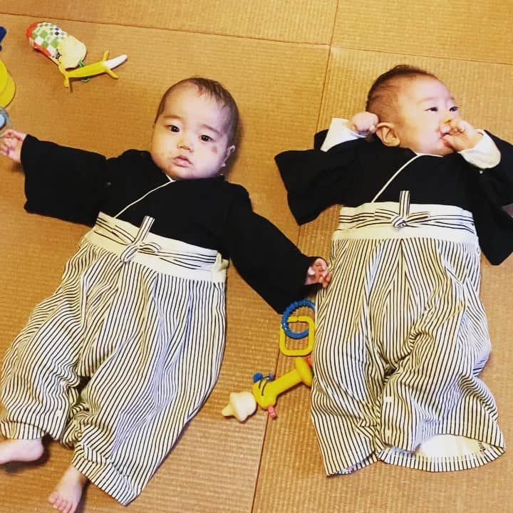 小泉里子のインスタグラム：「初節句とお食い初めと両親の結婚記念日とトリプルお祝い。  同じ年のいとこと一緒に。 2人の絡みは、まだまだ偶然の産物にすぎないですが、これからどんどん変化していくんだろうな。 成長が楽しみ♡ #染之助染太郎」