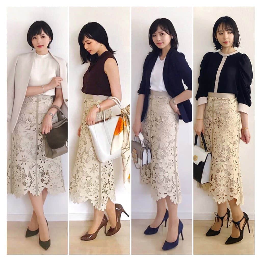 のインスタグラム：「UnacaとMystrada レーススカートの着まわし🪐✴︎° 今日Unacaのスカートを穿いていて やっぱりめちゃくちゃすきだなぁ〜と実感した🤤(ブランドもうなくなっちゃったけど……🥲) 柄の細かいレーススカートはちょっと野暮ったく感じてしまうので持っていないです。大柄のほうがすき。 Unaca(1枚め)はセミフレア⁇で, Mystrada(2枚め)はタイトです。  こうやって集めてみると, 合うアイテムやテイストがわかりやすいかも。真っ白インナー×ジャケットとか, きれいめシャツ・ブラウスとか, シンプルでタイトなニットとかよく合います☺️ 色数もあまり増やさず, ワントーンか, レーススカート+ベーシックカラー+白 がかわいい🙈✨  今回着ていたのは中左のコーデです。 knit-polo. #マルティニーク skirt. #unaca  pumps. #eizo bag. #gianninotaro #carolj scarf. #vintage pierce. #cycro watch. #seiko #lukia  #お仕事コーデ #オフィスカジュアル #オフィスコーデ #お仕事服 #通勤コーデ #通勤スタイル #olコーデ #スーツコーデ #スーツ女子 #スーツスタイル  #ジャケットコーデ #ジャケット女子 #ジャケットスタイル #ノーカラージャケット  #レーススカート #レーススカートコーデ」