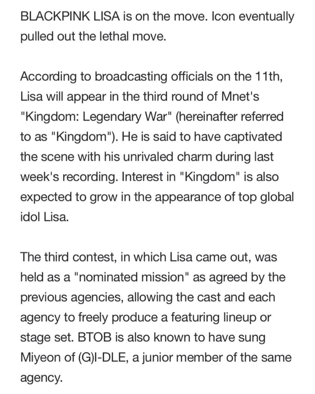 リサさんのインスタグラム写真 - (リサInstagram)「BLACKPINK LISA will guest in KINGDOM for iKON!   Article: "interest in kingdom is also expected to grow in the appearance of top global idol Lisa"   The episode is expected to air on May 27th . . . #LISA #LALISA #리사 #블랙핑크 #BLACKPINK #LALISAMANOBAN #LALISAMANOBAL #blackpinklisa #lisablackpink #ikon」5月11日 17時58分 - lisa.blackpink