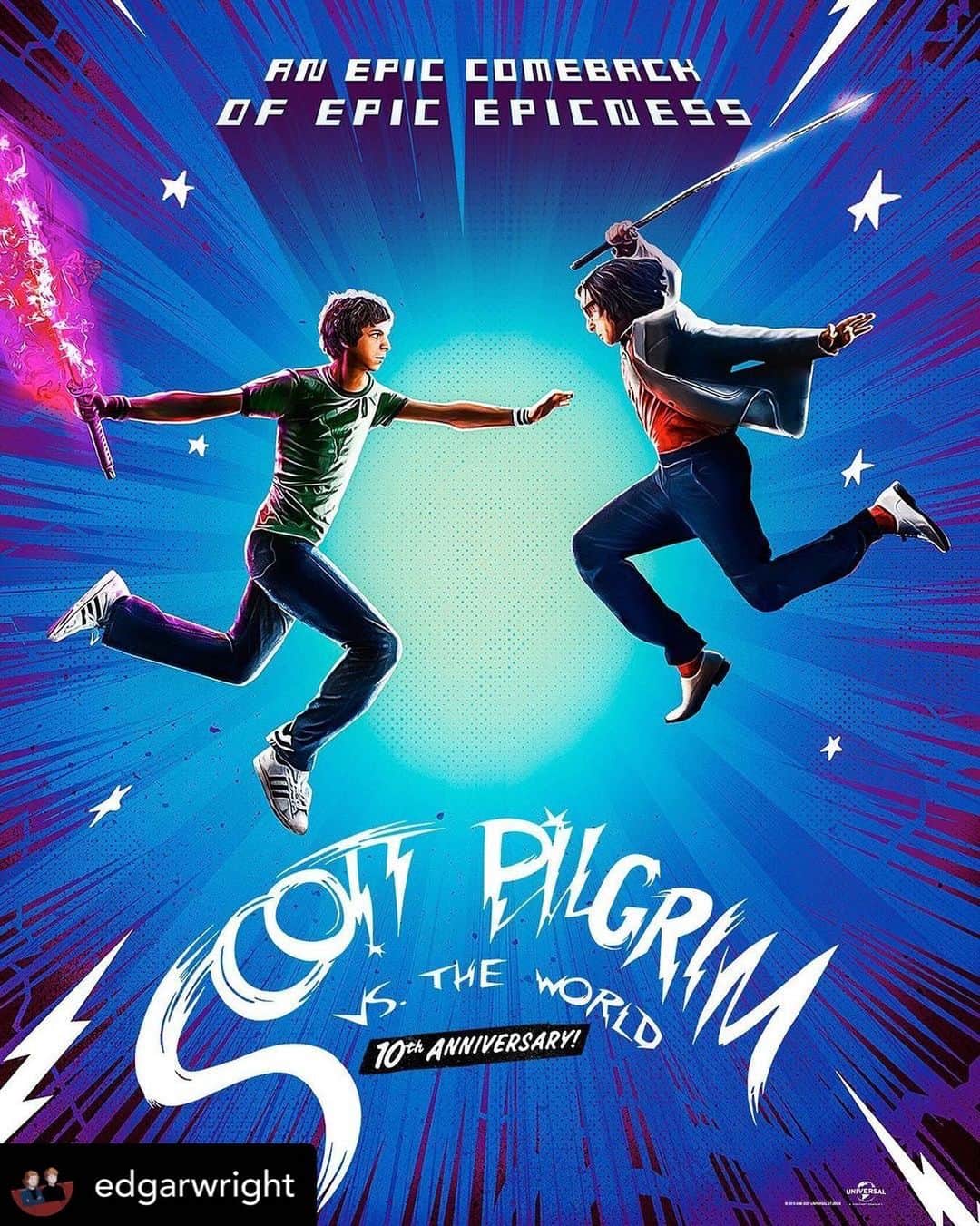 エレン・ウォンのインスタグラム：「#ScottPilgrim has made an epic comeback!! Not too late to tell you that SP is currently in 450 theatres in the US - Check @amctheatres for listings, enjoy, be safe, and ⚔️ Chau Down on some 🍿🍫!! @radiomaru • @edgarwright #ScottPilgrim just got a 1UP! 🎮 The exclusive 1 week re-release in #DolbyCinema ends tomorrow,  BUT if you weren't able to see it in a theatre, you can still get the big screen experience of Scott Pilgrim as it expands in @amctheatres & other theaters from Friday in the US! Check local listings for details of the 451 theatres across the US playing #ScottPilgrim this weekend (and for details of participating #DolbyCinema and #DolbyAtmos screens.) But if you never seen it at the cinema or want to see it for the 57th time, please enjoy #ScottPilgrim LARGE & LOUD.」