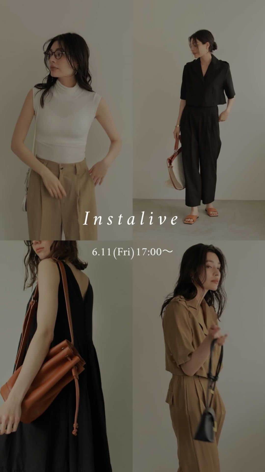 のインスタグラム：「. 【6/11(Fri)NEW ITEM】 Open collar セットアップ　￥16,500 High neck nosleeve トップス　￥6,050 One shoulder purse バッグ　￥9,900 . @sachika_takemura 161cm @manami__sato 167cm #ACYM #instalive #インスタライブ」