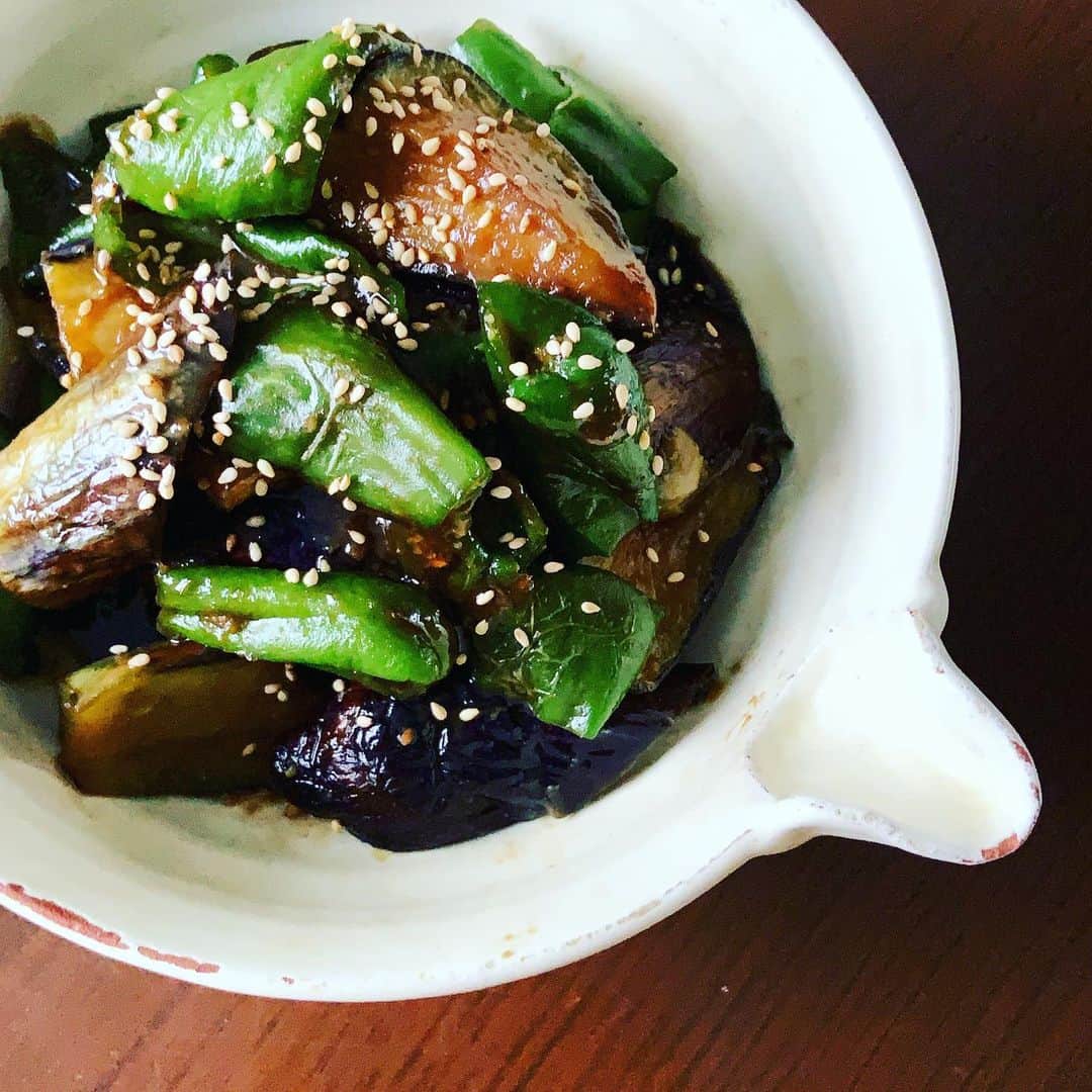志摩有子さんのインスタグラム写真 - (志摩有子Instagram)「これからの時期、手を替え品を替え毎日食べたい茄子。今日はピーマンとしぎ焼きに。甘めの味噌風味。少し醤油を加えると味が締まる。  #なすのしぎ焼き #副菜の鬼」6月8日 19時20分 - ariko418