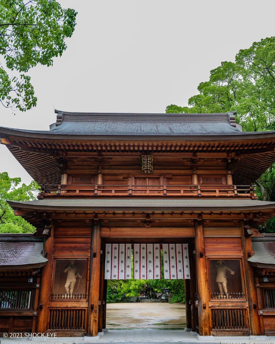 SHOCK EYEさんのインスタグラム写真 - (SHOCK EYEInstagram)「四国の神社といえば、愛媛、大三島にある大山祇神社⛩ ここはなんと、全国に数ある三島神社の総本社✨ 昔からずっと行きたかった場所なんだ。 富士山の神様である木花咲耶姫（コノハナサクヤヒメ）の父神で山の神、大山祇神が祀られてる。  この日は小雨が降ってて、瑞々しい空気がとても心地良かったよ✨🌨  樹齢2600年の小千命御手植の楠は、とてもとても大きく今でもパワフルな姿で魅せてくれた。  抜けの良い広い境内、自然豊かな木々の力強さ、綺麗に整えられた社殿群。  特に僕のお気に入りは、入り口すぐの総門。 鮮やかな茶色に、三島神社の「三」の社紋の入った幕、鮮やかな木々の緑が清々しく、とてもカッコいい👍（3、４枚目）  この神社、昔から歴代の将軍や武将から、戦いの神として崇敬されてきたその証として、奉納された国宝、国宝級の武具や刀剣が宝物殿に沢山！ なので、勝負運、仕事運を上げたい人、必勝祈願を是非🙏✨  #大山祇神社 #愛媛 #大三島 #三島神社 #神社 #shrine #oyamazumishrine」6月9日 9時01分 - shockeye_official