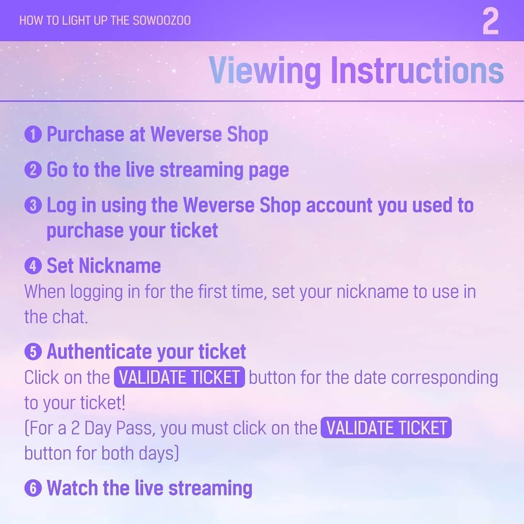 BTSさんのインスタグラム写真 - (BTSInstagram)「How to LIGHT UP THE SOWOOZOO - ONLINE GUIDE ⠀ 1. 기기 확인 (Check Your Device) 2. 시청방법 (Viewing Instructions) 3. 딜레이 싱글뷰 스트리밍 (Delayed Single-view Streaming) 4. 즐기는 자세 (How to Enjoy SOWOOZOO) ⠀ 티켓 구매: 위버스샵 시청 페이지: venewlive.com/concerts/bts-sowoozoo ⠀ #BTS #방탄소년단 #MUSTER #SOWOOZOO」6月10日 18時14分 - bts.bighitofficial