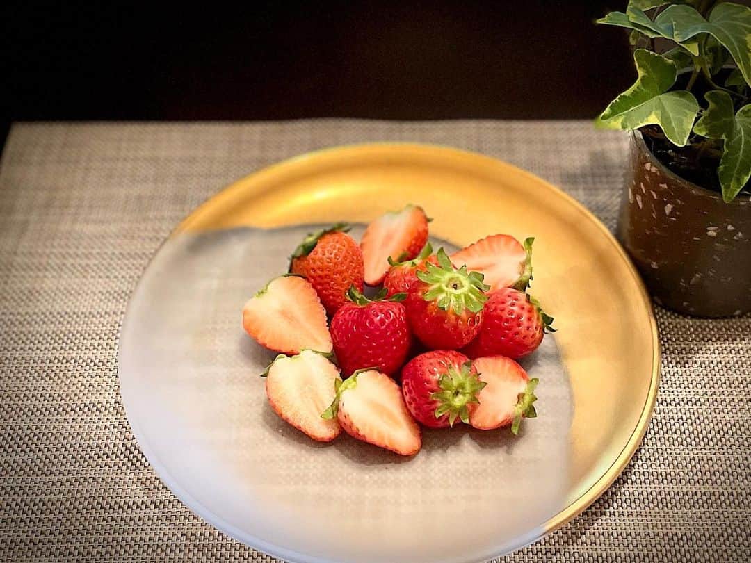 藤井美加子のインスタグラム：「☆ 苺って可愛いよね🍓  もっと可愛く見えるようにお皿を選んでアイビーも添えました🌱🍓  もう梅雨入り？のせいかすっきりしないけど、ほんの少し工夫して自分の機嫌は自分で取らなくちゃね！深呼吸していこうね😽  #苺#梅雨入り#テンション上がりません#そんな時もあってもいい」