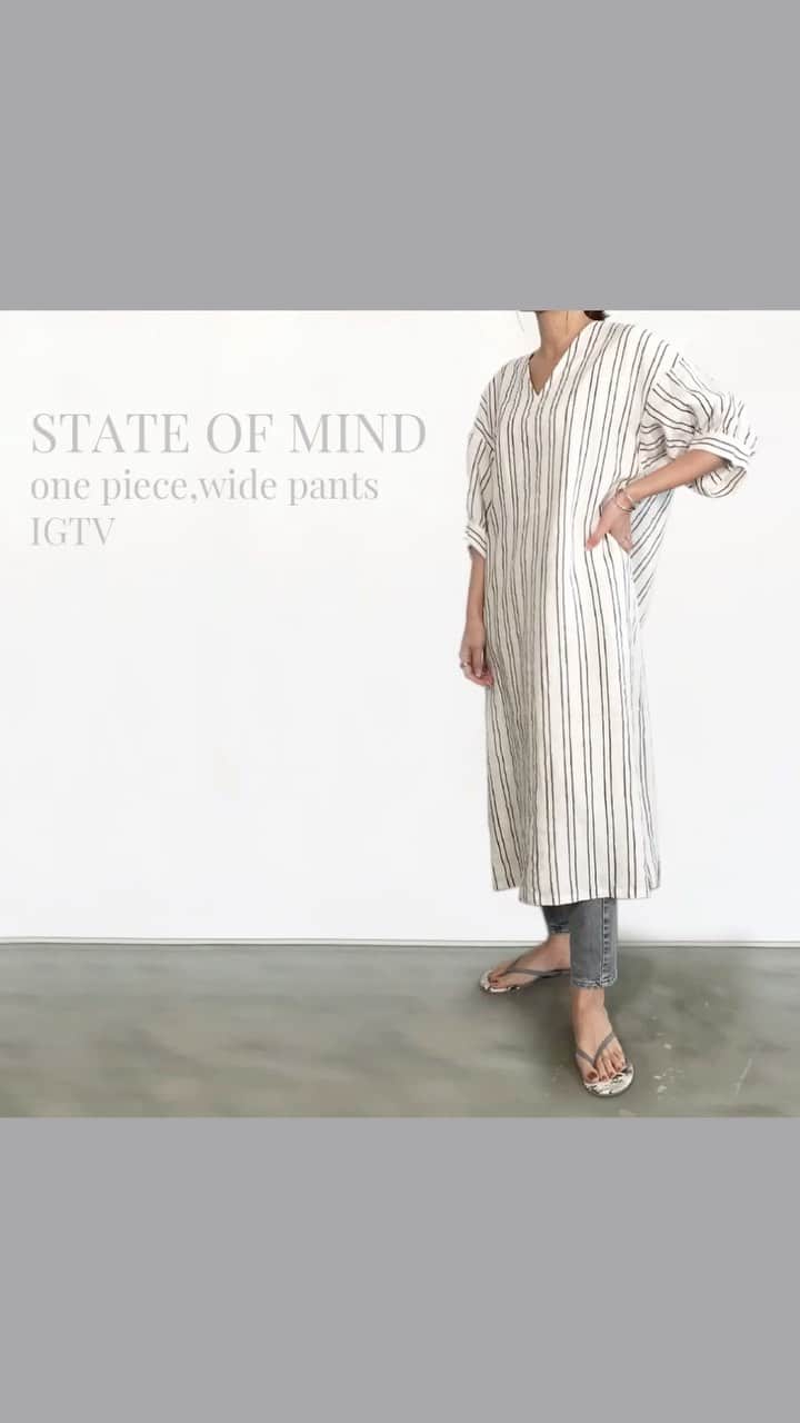 のインスタグラム：「今回はSTATE OF MINDの<one piece / wide pants>をコーディネートと共にご紹介いたします。  リネンストライプで仕立てたオーバーサイズワンピースとイージーパンツ。 洗いをかけたナチュラルなシワ感がポイント。 ワンピースは1枚着としても、ボトムスと合わせたレイヤードスタイルもおすすめです。 ぜひ、ご覧下さい。  *ご紹介アイテムは、ショッピングタグをタップ☝  *着用モデル　AI #156cm @aiurushisaki   #stateofmindsom #ステートオブマインド #hauntdaikanyama #ハウント代官山 #onepiece #ワンピース #widepants #ワイドパンツ #ワンピース着回し #パンツ着回し #着回しコーデ #コーディネート #intheknowgl」