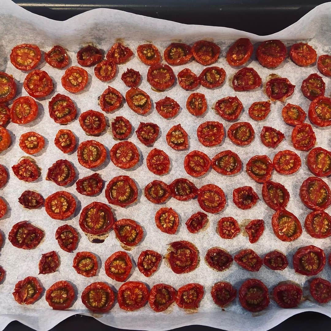 黛英里佳さんのインスタグラム写真 - (黛英里佳Instagram)「﻿ ミニトマトをたくさんいただいたのでドライトマトに😊﻿ ﻿ そしてヤリイカとにんにくでパスタにしてみました✨﻿ ﻿ 自分で言うのもなんですがめちゃくちゃ美味しかった😳✨﻿ ﻿ ドライトマトにすると甘味と旨味がぎゅっと濃縮されて本当に美味しくなります😊﻿ ﻿ ドライトマトの作り方は本当に簡単で﻿ ﻿ ・ミニトマトを半分に切って﻿ ・切り目を下にしてキッチンペーパーに10分程置いて﻿ ・130度に熱したオーブンでじっくり1時間半ほど放置﻿ ﻿ 様子を見て時間を足してください☺️﻿ ﻿ 出来上がったら瓶にオイル漬けにしておいても👍﻿ ﻿ ﻿ ﻿ 熊本に来てからお野菜たくさんいただけるのほんとにありがたい😂﻿ ﻿ #ごはん#ドライトマト#パスタ」5月19日 13時58分 - erikamayuzumi_official