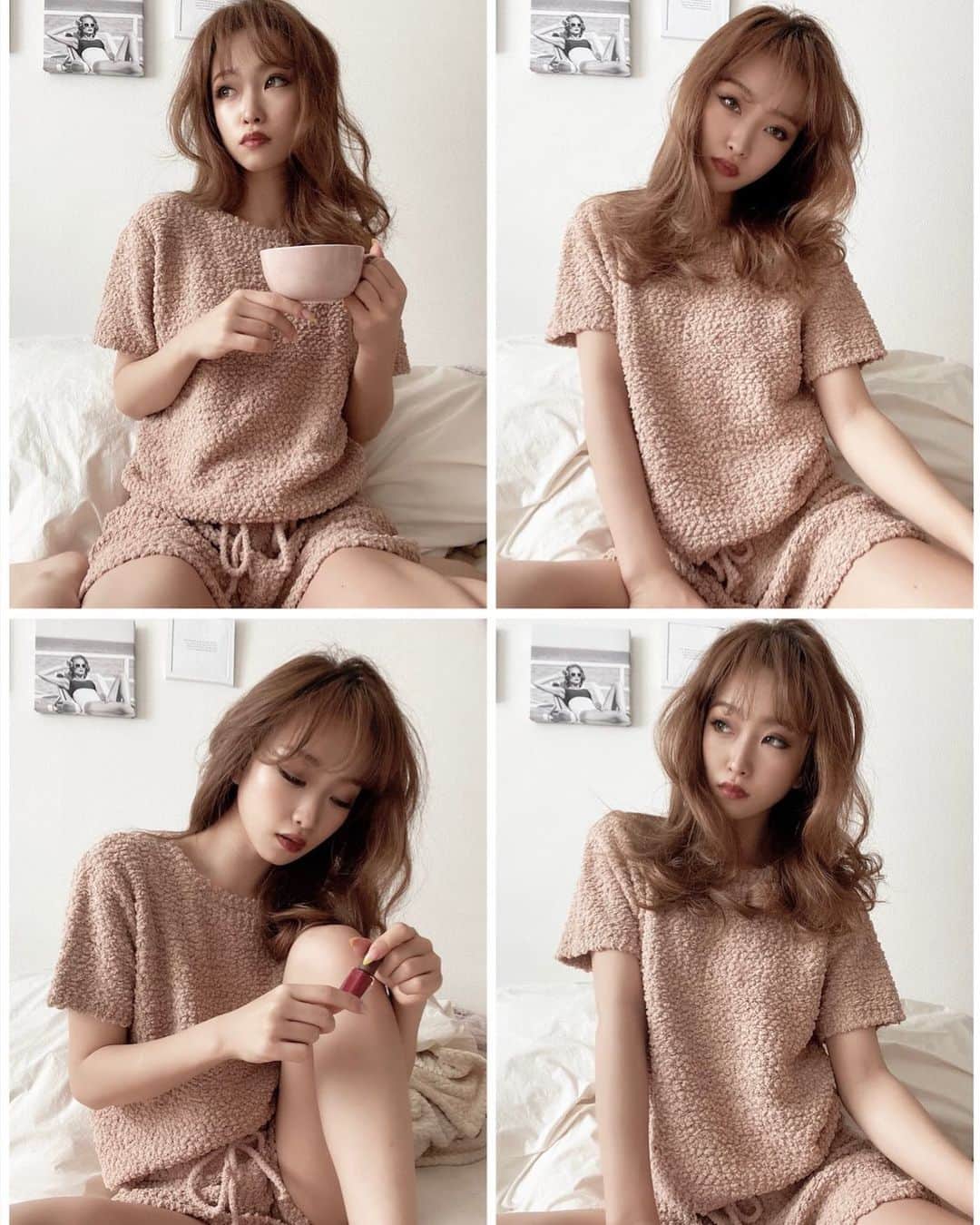 木田絵里香のインスタグラム：「. こんなおうち時間♪ みたいな写真ばっかりUPしてるけど しっかり毎日出社してますｗｗ . このモコモコルームウェアは明日からのノベルティですぞ❤︎ 可愛い新作のお洋服と共にGETしてね🎁 ¥16,500(税込)以上でプレゼントとなります☺︎ . 数に限りがございますのでお早めに🧖🏼‍♀️ . #ノベルティ#ルームウェア#部屋着#おうち時間#roomwear#novelty#pink」