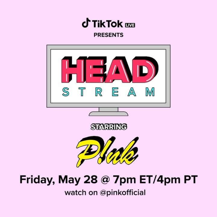 P!nk（ピンク）のインスタグラム：「Let's do this @tiktok! I'm going LIVE with #Headstream next Friday, May 28 at 7PM ET / 4PM PT. Tune in 📺💋」