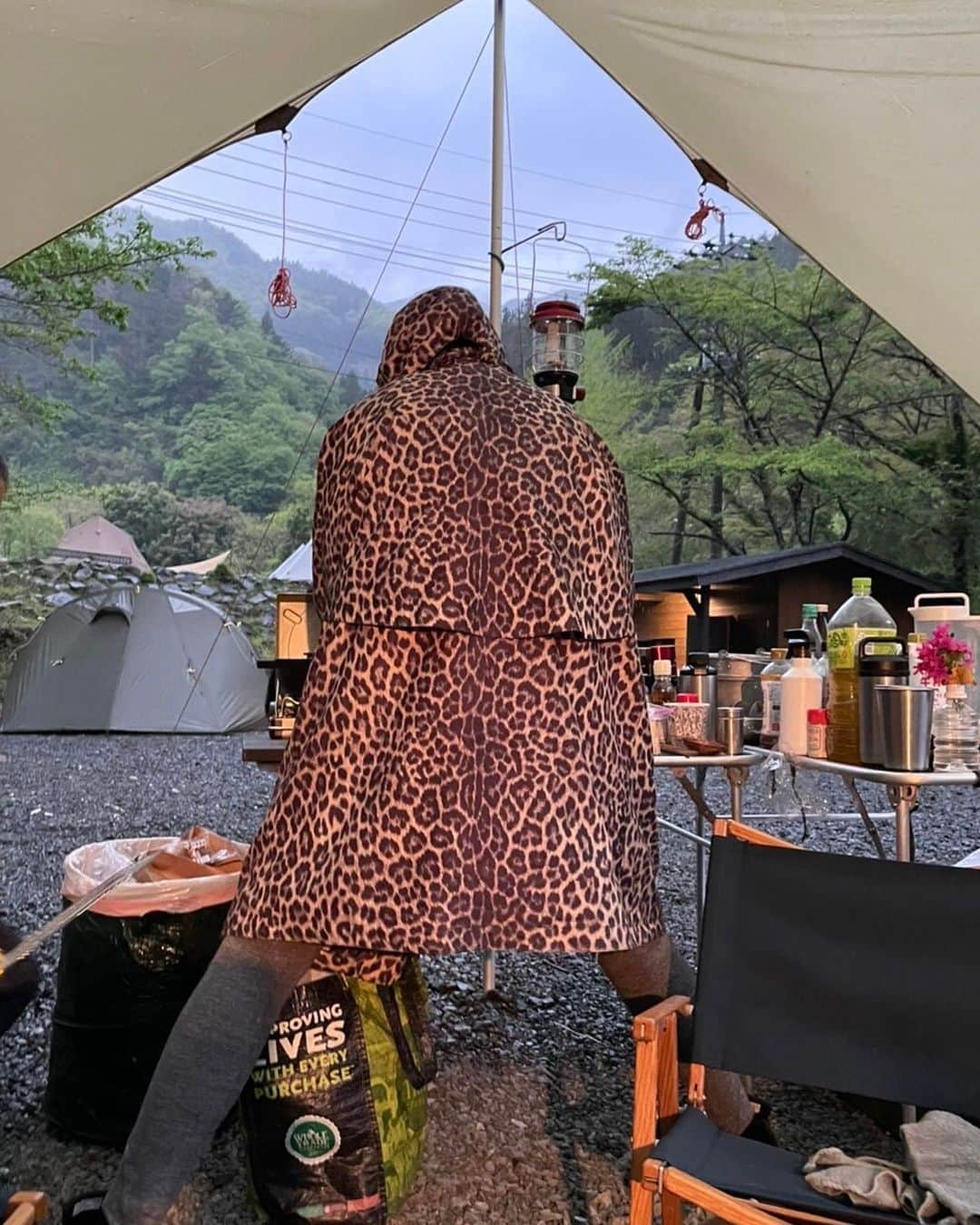 野波麻帆さんのインスタグラム写真 - (野波麻帆Instagram)「. とある日のキャンプ風景。 後ろ姿は料理中のわたしです。 キッチンテーブルが低い為、こうする方が腰に負担がかからない気がしてる。笑 この日はこの後竜巻注意報が出たりしてかなり思い出に残るキャンプでした。😂あーまた早く行きたいなぁ...... #キャンプ　#camping」5月23日 19時20分 - mahononami