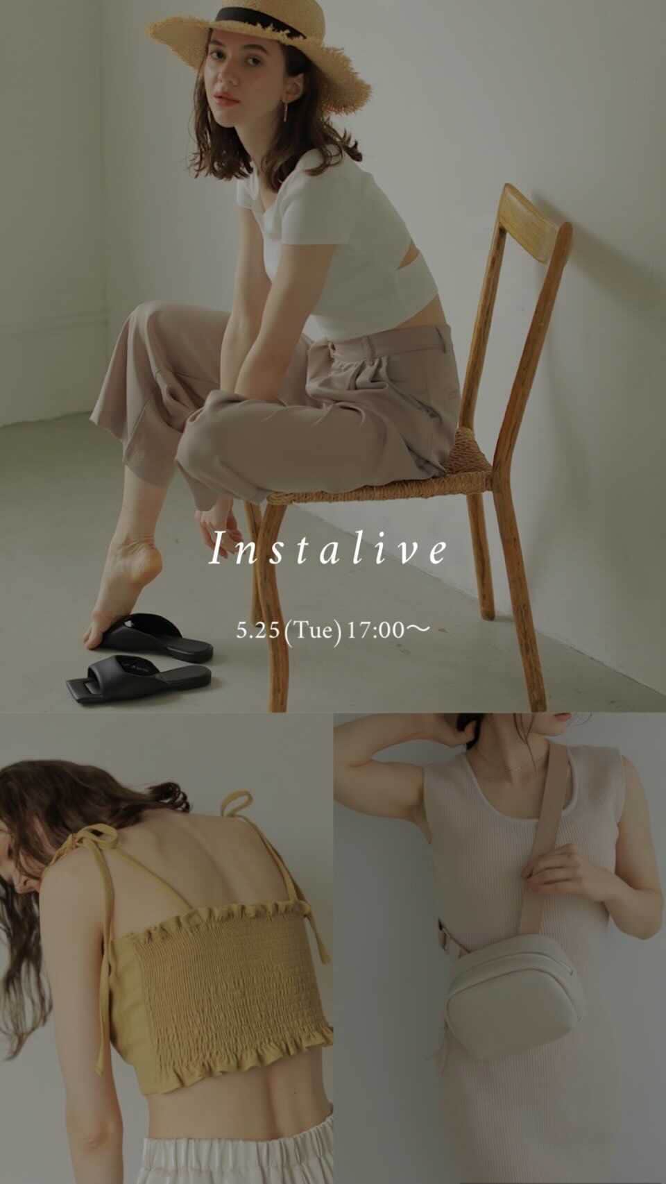 のインスタグラム：「【5/25(Tue)6月PRE ORDER】 Pale color slacks パンツ　￥12,100 Marshmallow shoulder バッグ　￥9,900 Back gather tie ビスチェ　￥7,700  @sachika_takemura 161cm @manami__sato 167cm  #ACYM #instalive #インスタライブ」